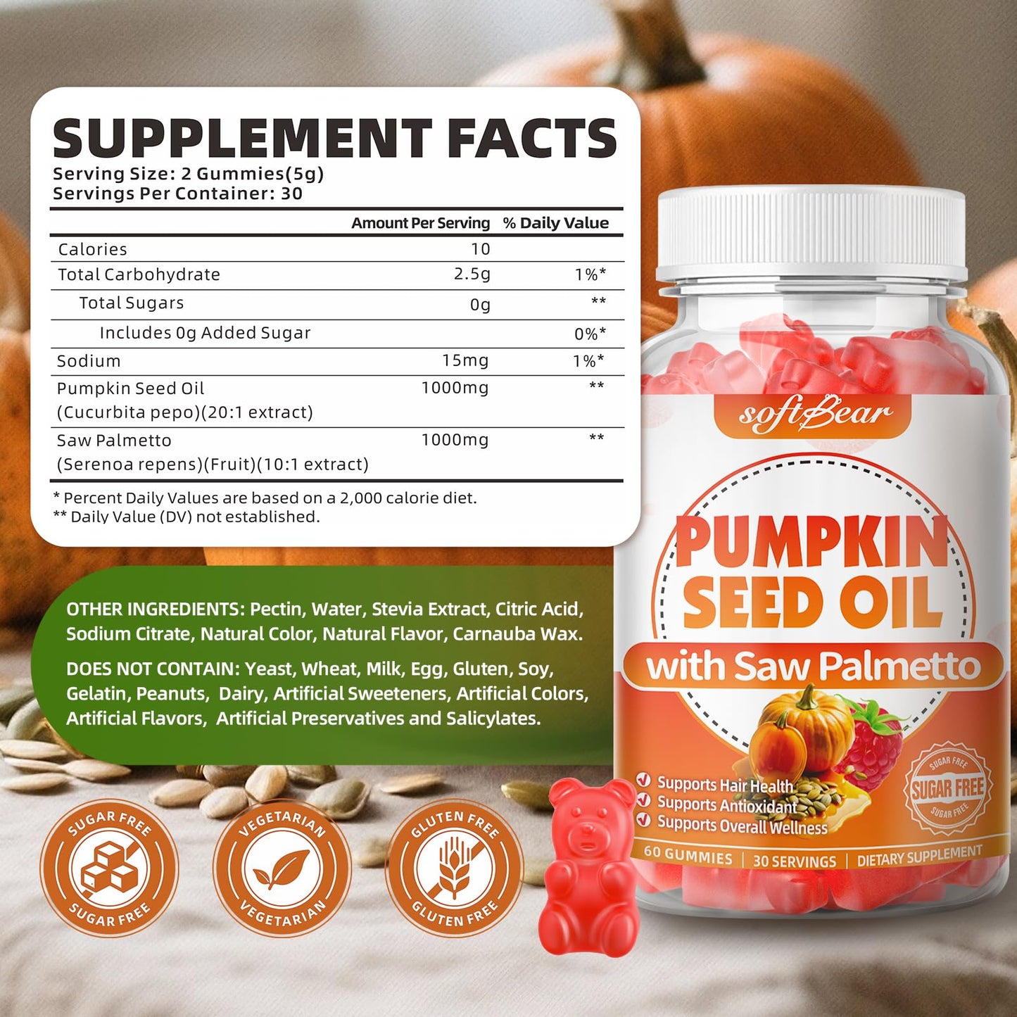 Softbear Pumpkin Seed Oil with Saw Palmetto Gummies, 120 Gummies