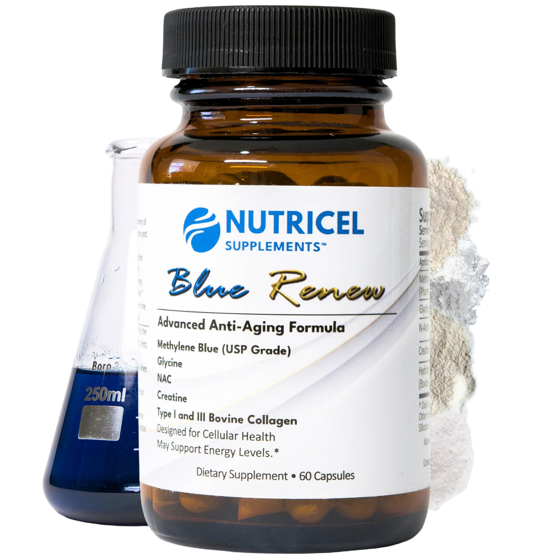 Nutricel Supplements Methylene Blue Capsules with Added Glycine + NAC (GlyNAC), Collagen, and Creatine - 7mg (USP Grade) - Third Party Tested, 60 Capsules