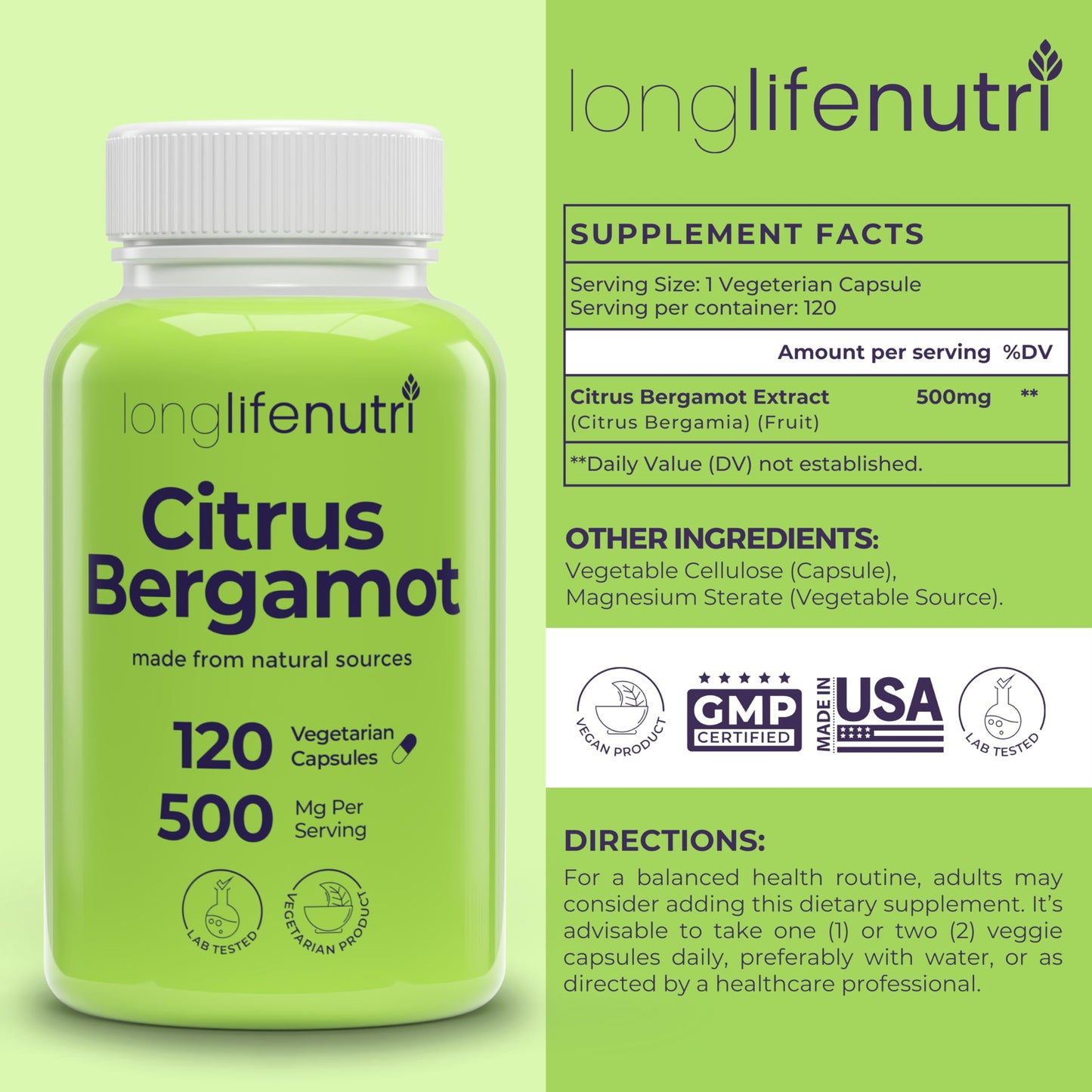 LongLifeNutri Citrus Bergamot Extract 500mg Capsules, 120 Count
