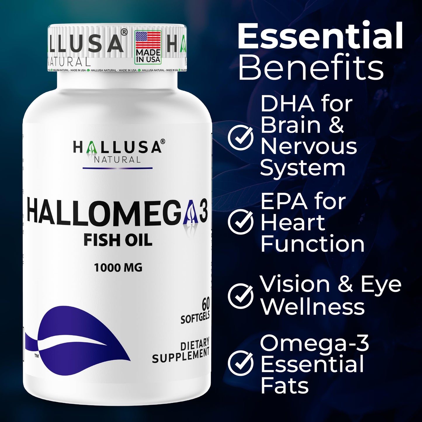 Hallusa Natural Omega 3 Fish Oil 1000mg with 800mg Omega-3, Essential Fatty Acids EPA & DHA, Heart, Brain & Eye Support Softgel 60