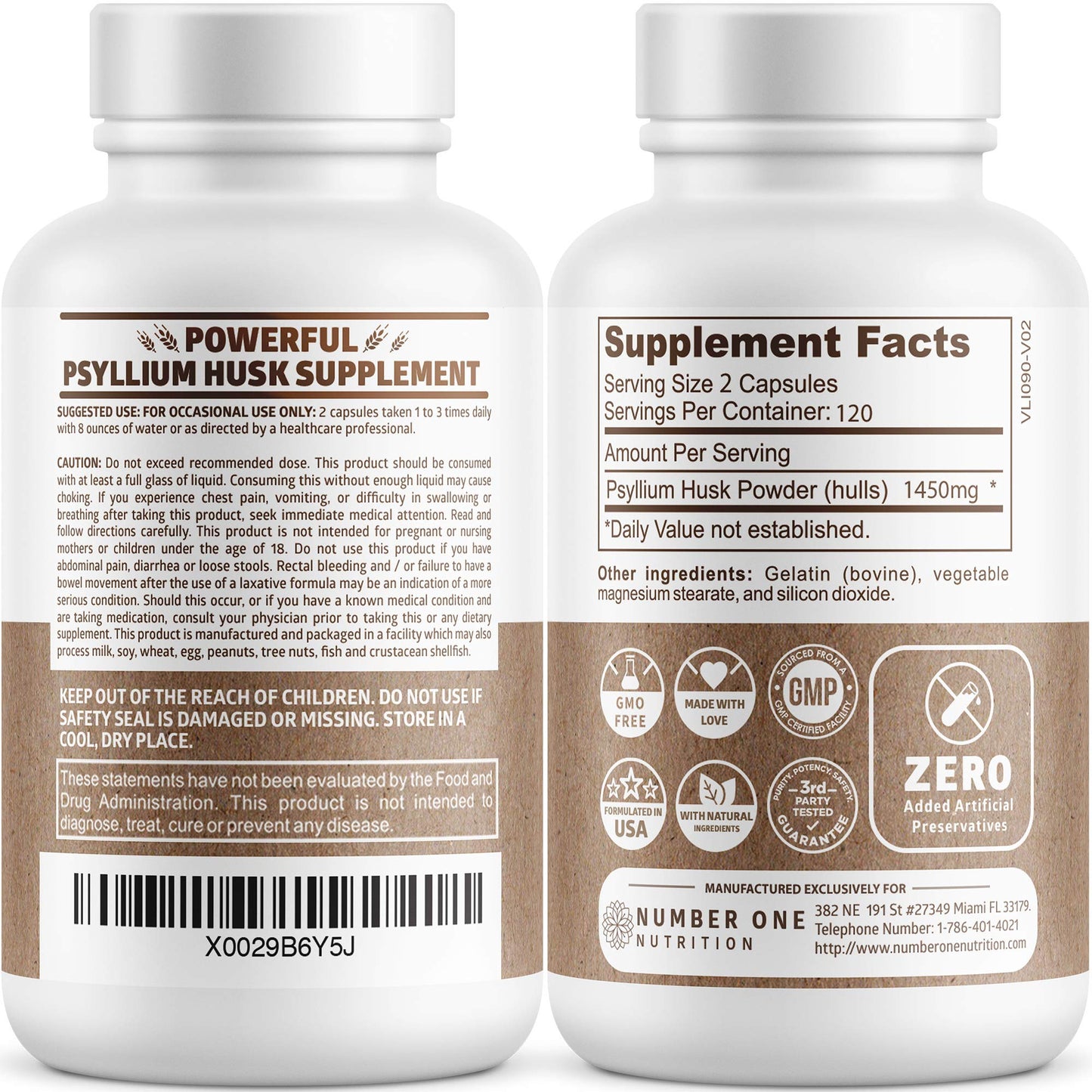 Number One Nutrition Psyllium Husk Capsules 1450mg, 240 Count