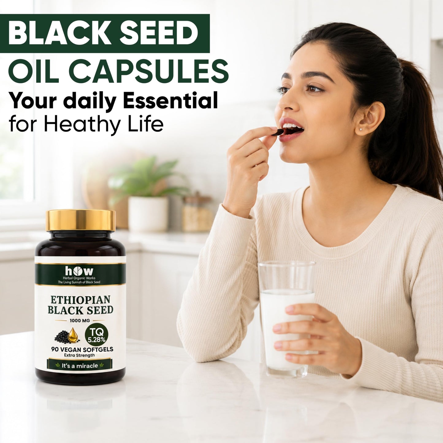 Herbal Organic Works Ethiopian Black Seed Oil Softgels 1000mg 5.28% TQ Cold Pressed, 90 Softgels