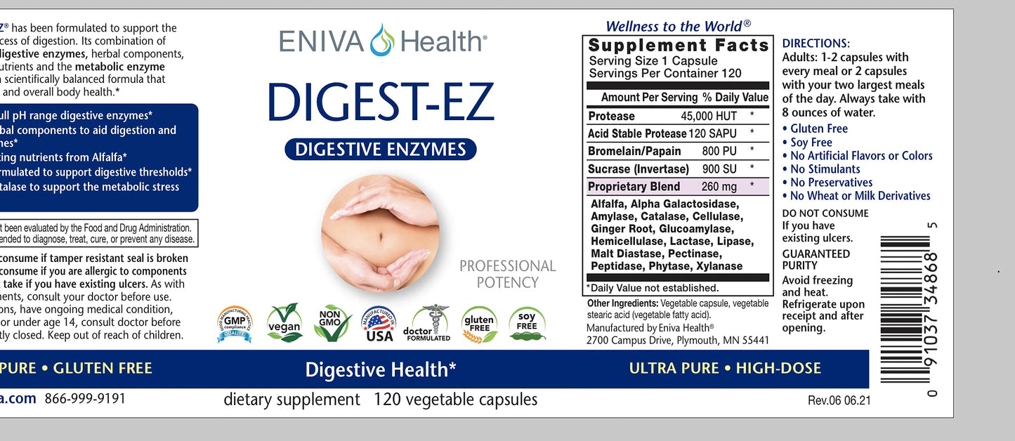 Eniva Health Digest-EZ Digestive Enzymes Bromelain and Papain Ginger and Alfalfa Blend Capsules, 120 Count