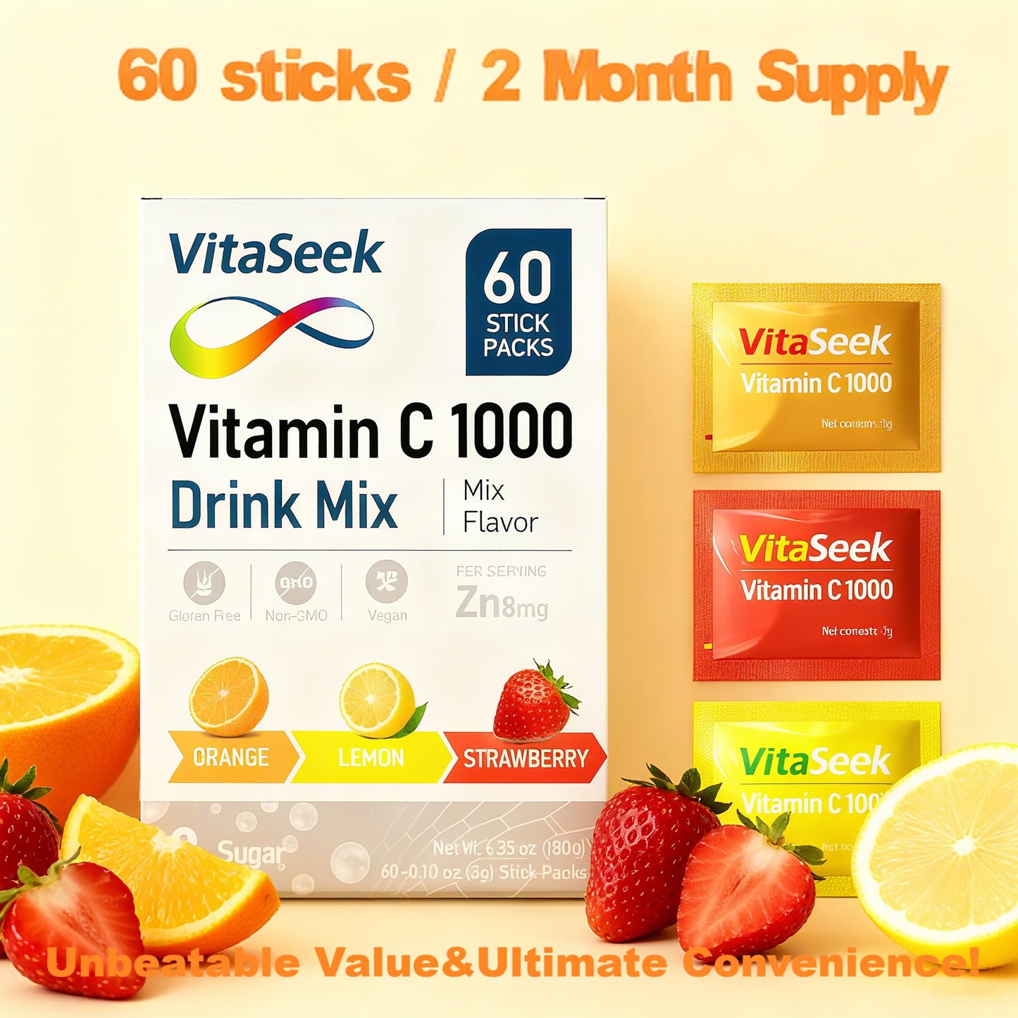 VitaSeek Vitamin C Powder, Sugar Free, 60 Sticks