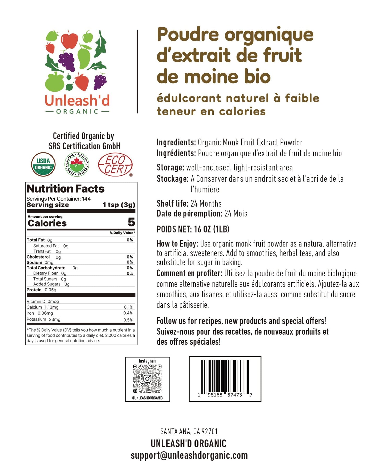 UNLEASH'D ORGANIC Monk Fruit Powder 16 oz