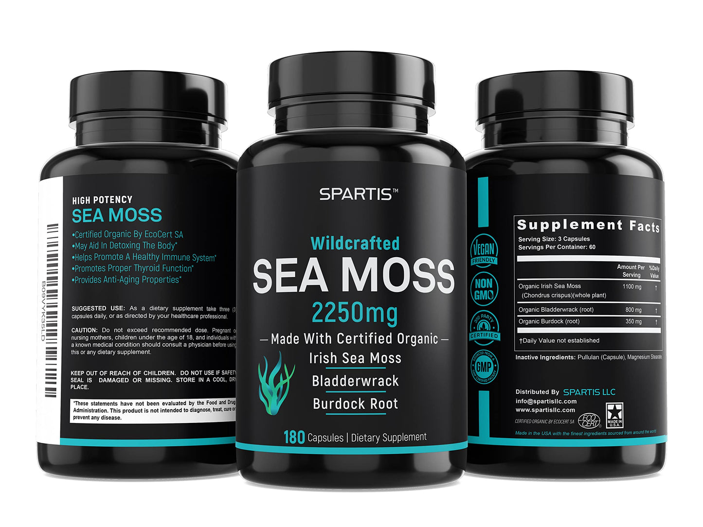 SPARTIS Certified Organic Sea Moss Capsules 2250mg Wildcrafted Irish Sea Moss with Burdock Root and Bladderwrack, 180 Capsules