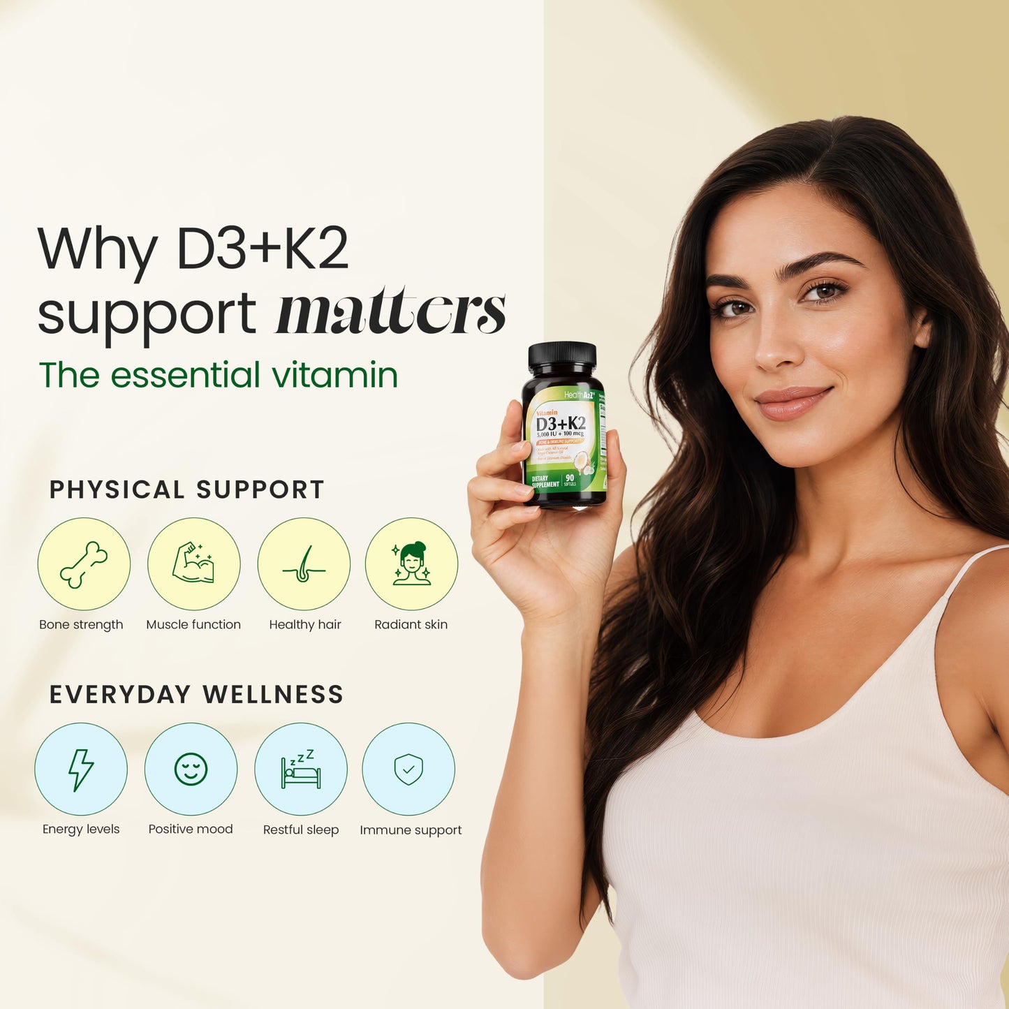 HealthA2Z Vitamin D3 + K2 Softgels, 90 Count