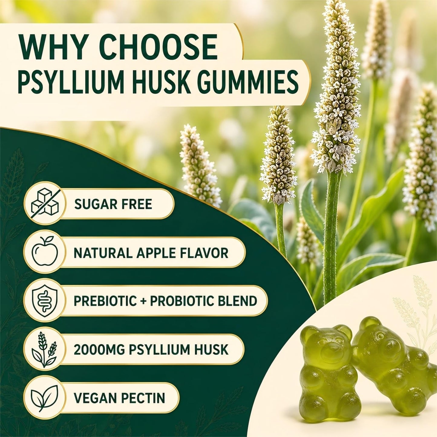 RUNUAN Psyllium Husk Gummies 2000mg with Probiotics, Inulin, Sugar Free, 60 Count