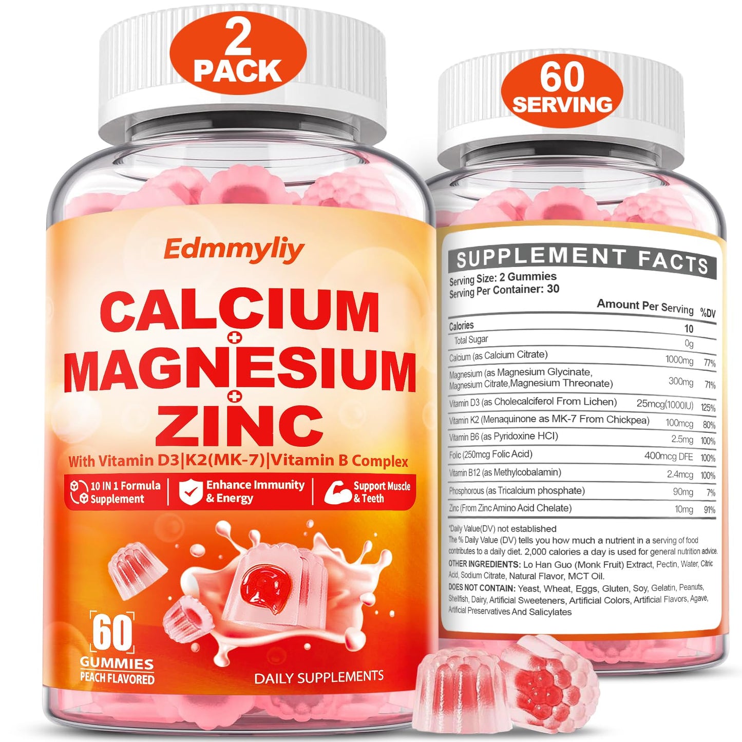 Edmmyliy Calcium Magnesium Zinc Supplement Gummies with Vitamin D3 K2 & B Complex, 120 Gummies