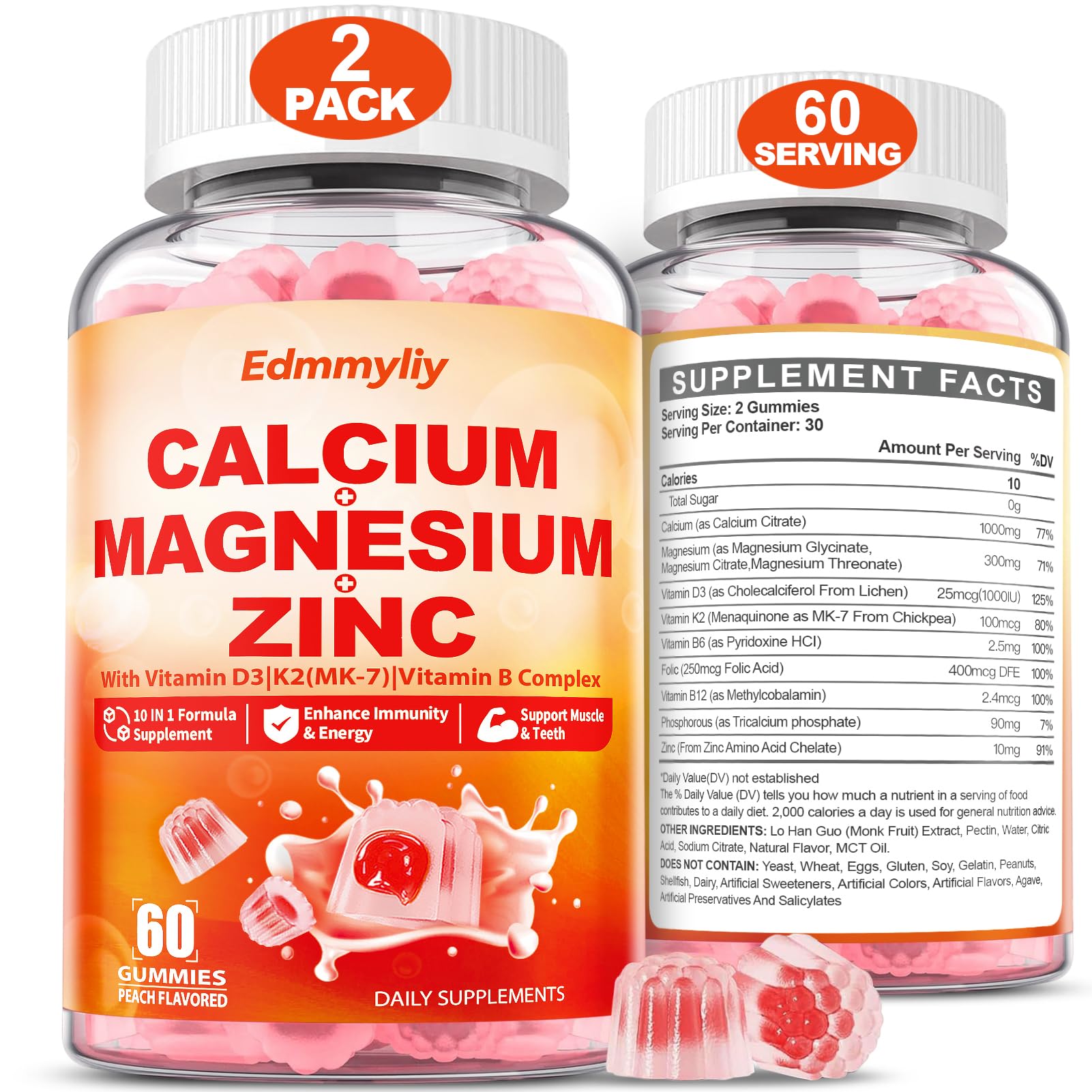 Edmmyliy Calcium Magnesium Zinc Supplement Gummies with Vitamin D3 K2 & B Complex, 120 Gummies