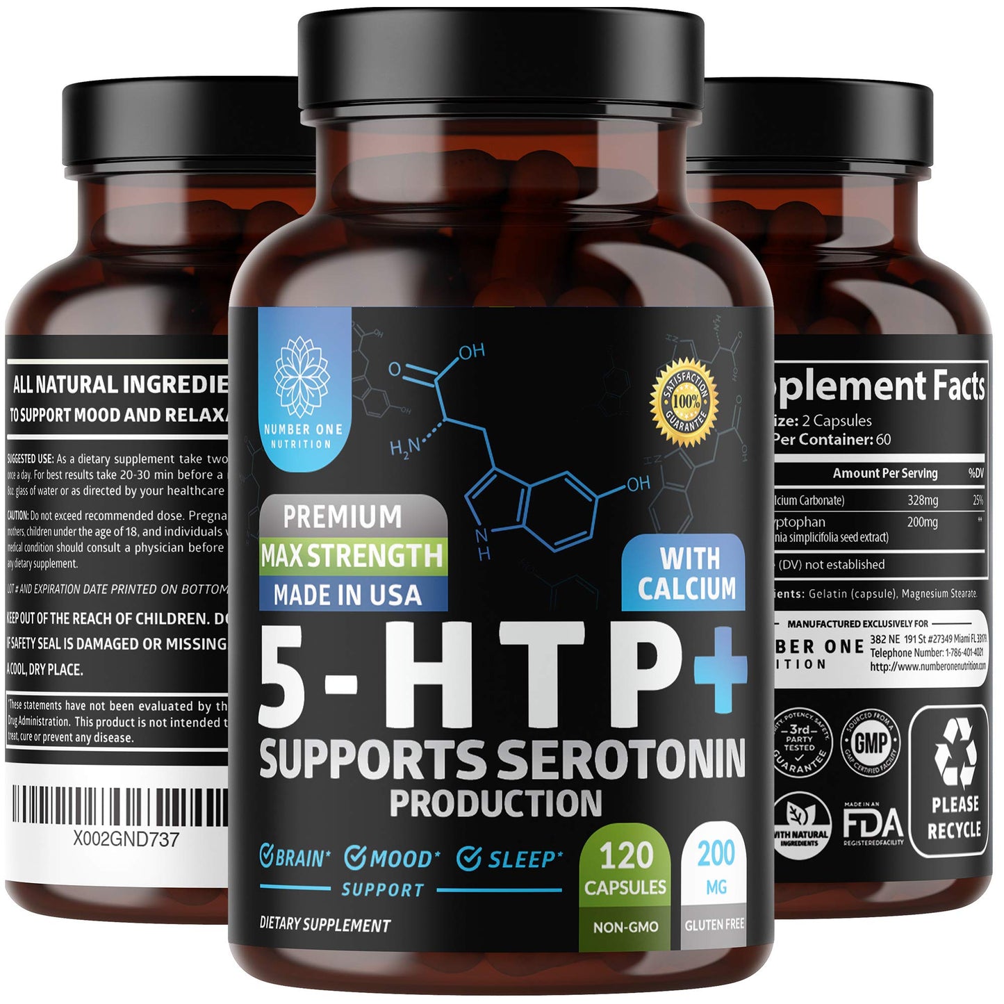 Number One Nutrition N1N Premium 5-HTP 200mg Plus Calcium Capsules, 120 Count