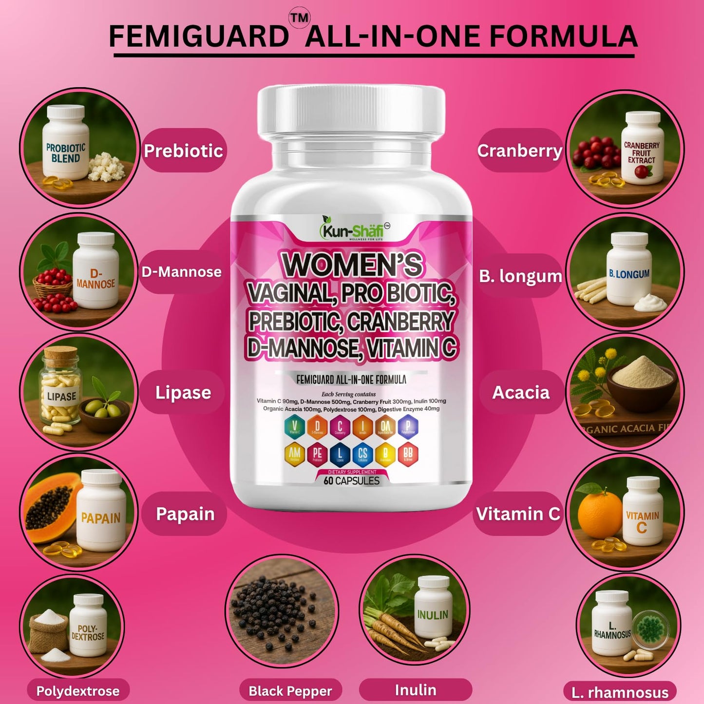 Kun Shafi Vaginal Probiotic for Women – Cranberry, D-Mannose, Inulin, Vitamin C, Prebiotic & Enzyme Complex – Feminine Health, UTI Cleanse & pH Balance Support, 60 Capsules