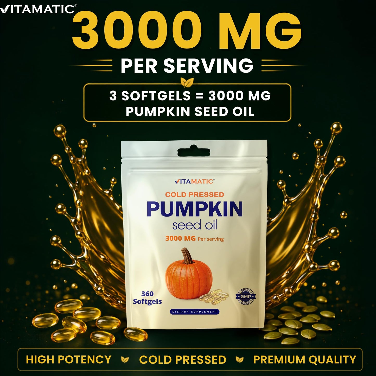 Vitamatic Pumpkin Seed Oil 3000 mg per Serving Softgels, 360 Count