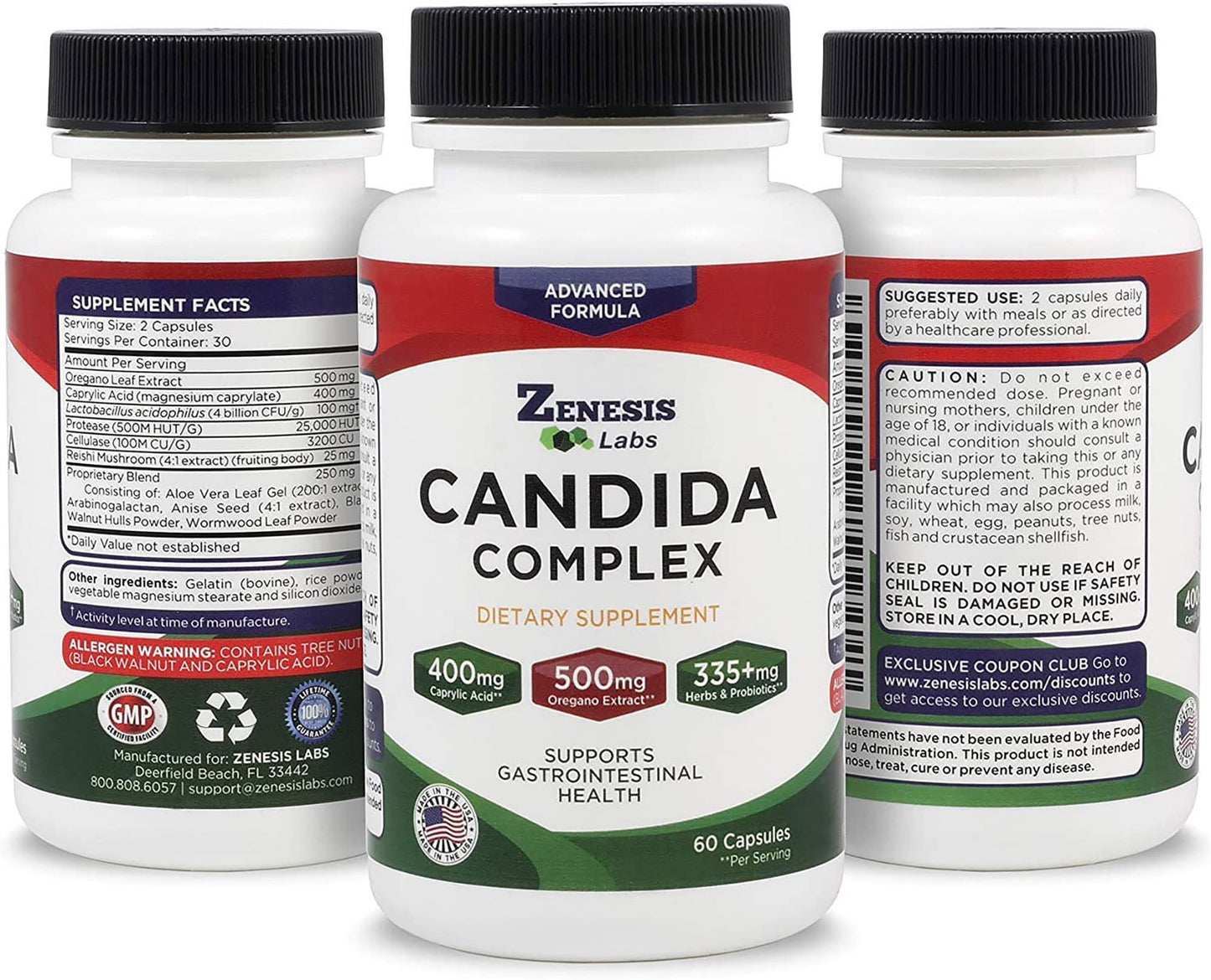 Zenesis Labs Candida Complex Cleanse Detox Caprylic Acid Supplement with Oregano Extract, Probiotics, Enzymes 180 Capsules