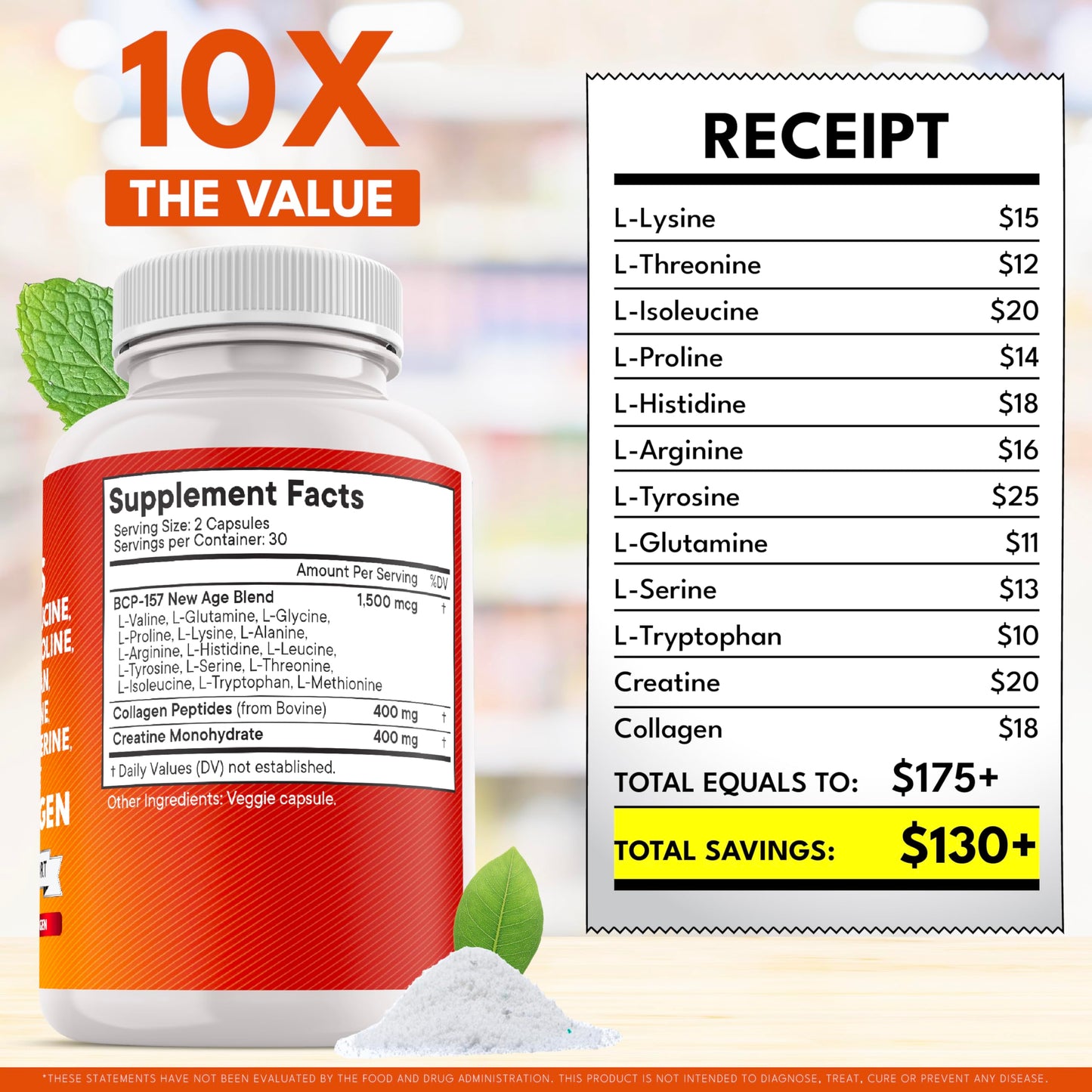 NEW AGE Amino Acids Supplement L-Lysine, L-Threonine, L-Leucine, Isoleucine, Valine, L-Histidine, L-Tryptophan, L-Methionine, L-Arginine, L-Cysteine, L-Glutamine, L-Serine, Aspartic Acid, Capsules, 60 Count
