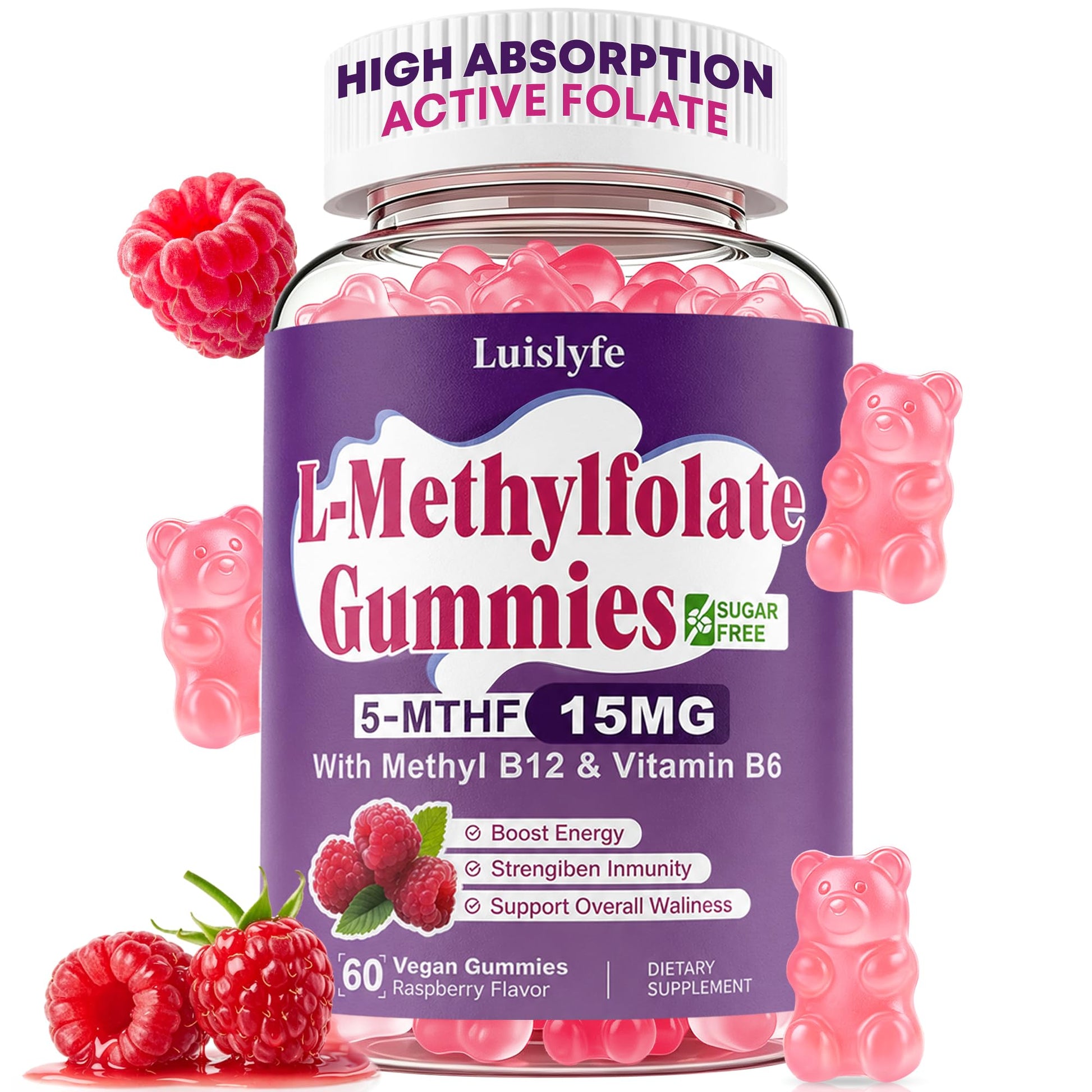 Luislyfe L-Methylfolate 15mg Gummies & Methyl B12, High Absorption Active Folate 5-MTHF Supplement for Cognition, Mood & Immune, Sugar Free, Vegan, Non-GMO, Raspberry Flavor, 60 Count
