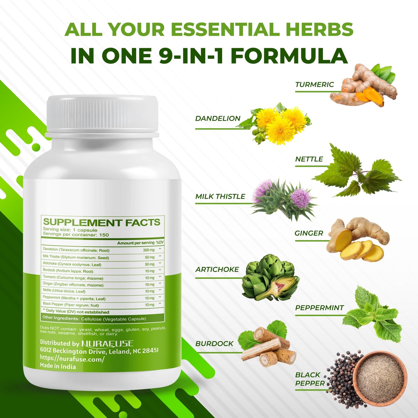 NURAFUSE Dandelion Milk Thistle Artichoke Burdock Turmeric Capsule 150 Count