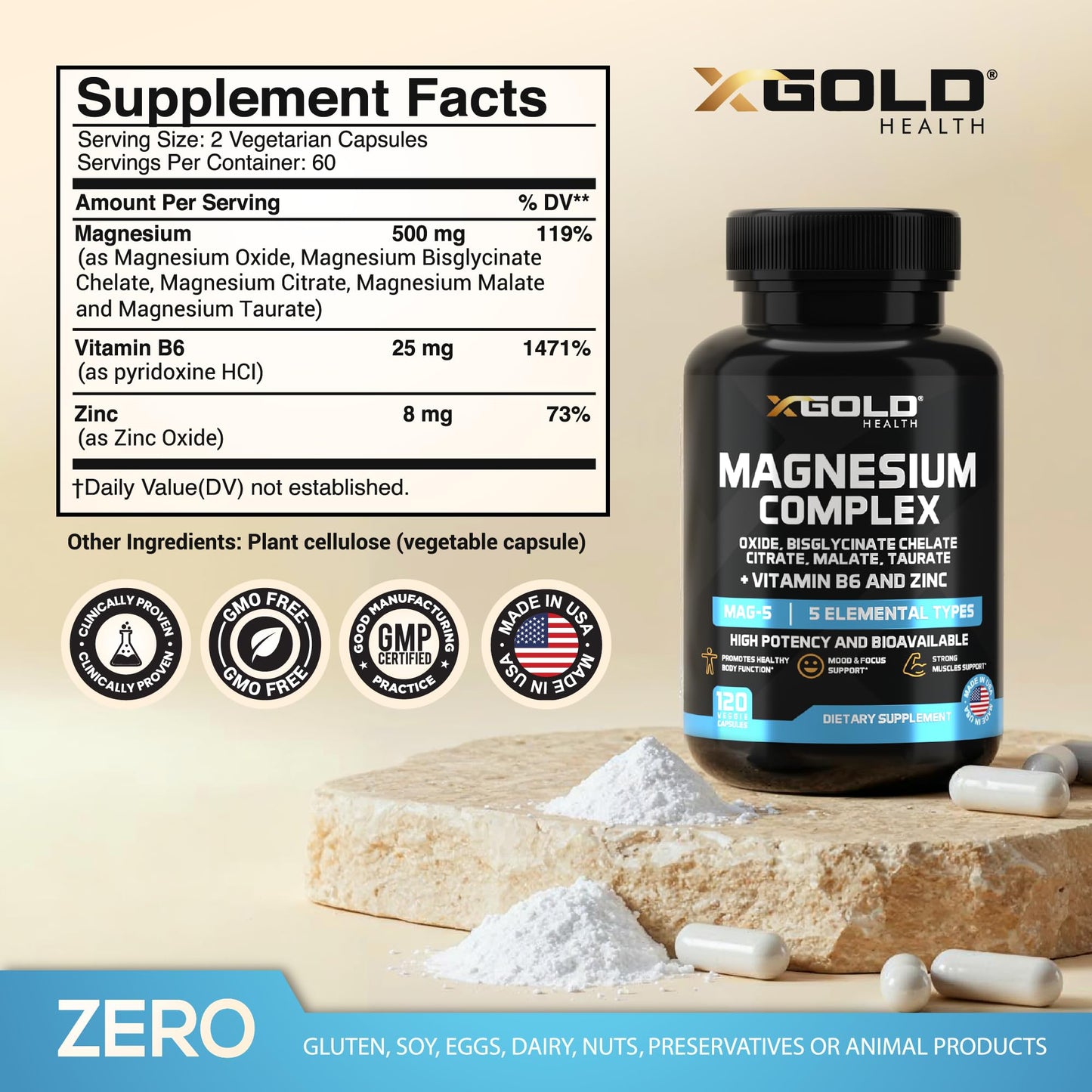 X Gold Health Magnesium Complex 5-in-1 with Zinc & Vitamin B6, High Absorption Formula, Glycinate, Citrate, Malate, Taurate & Oxide, 500mg, Capsules, 120 Count