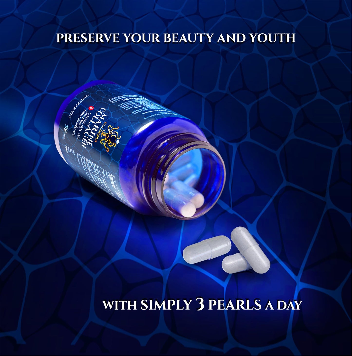 GOLDOPUS Marine Collagen Peptides Capsules with Hyaluronic Acid, Coenzyme Q10, Vitamin C, 90 Capsules