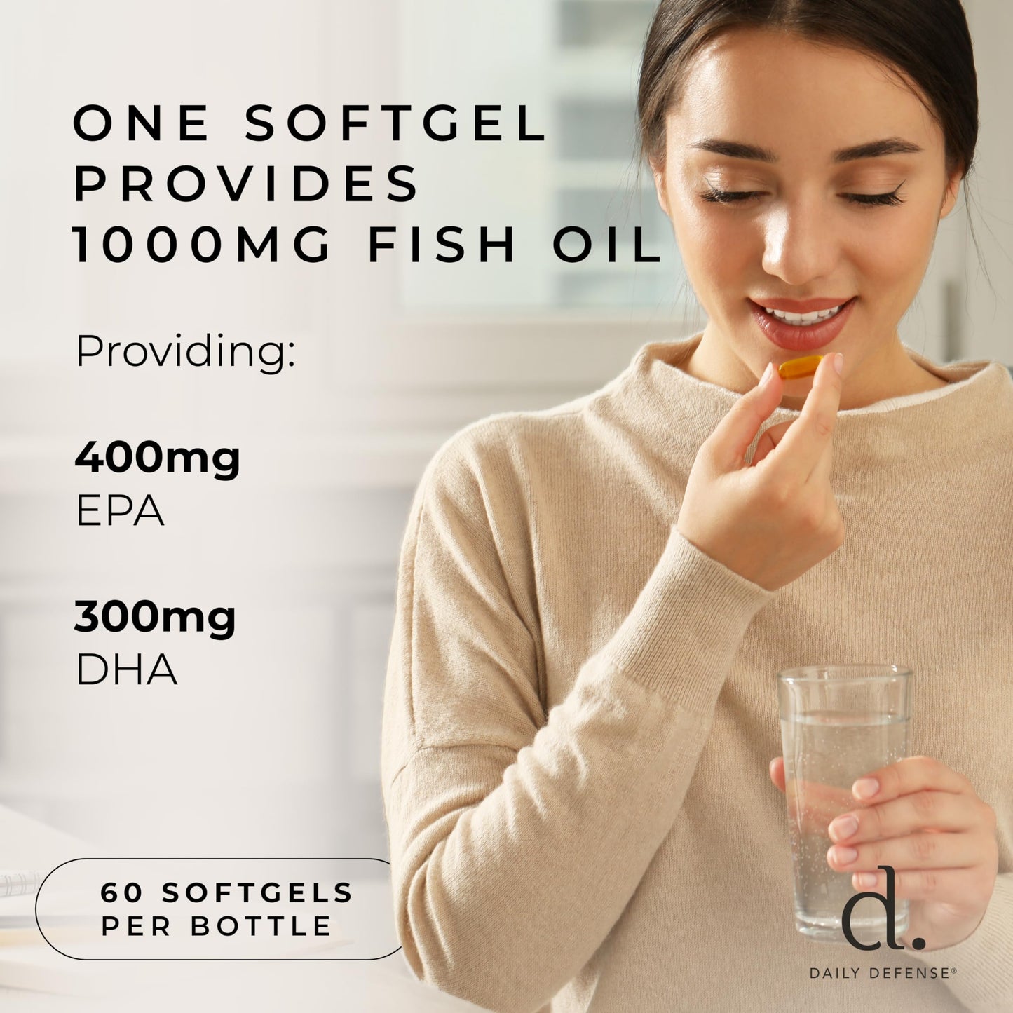 Daily Defense Omega 3 Fish Oil 1000mg Softgels, 60 Count