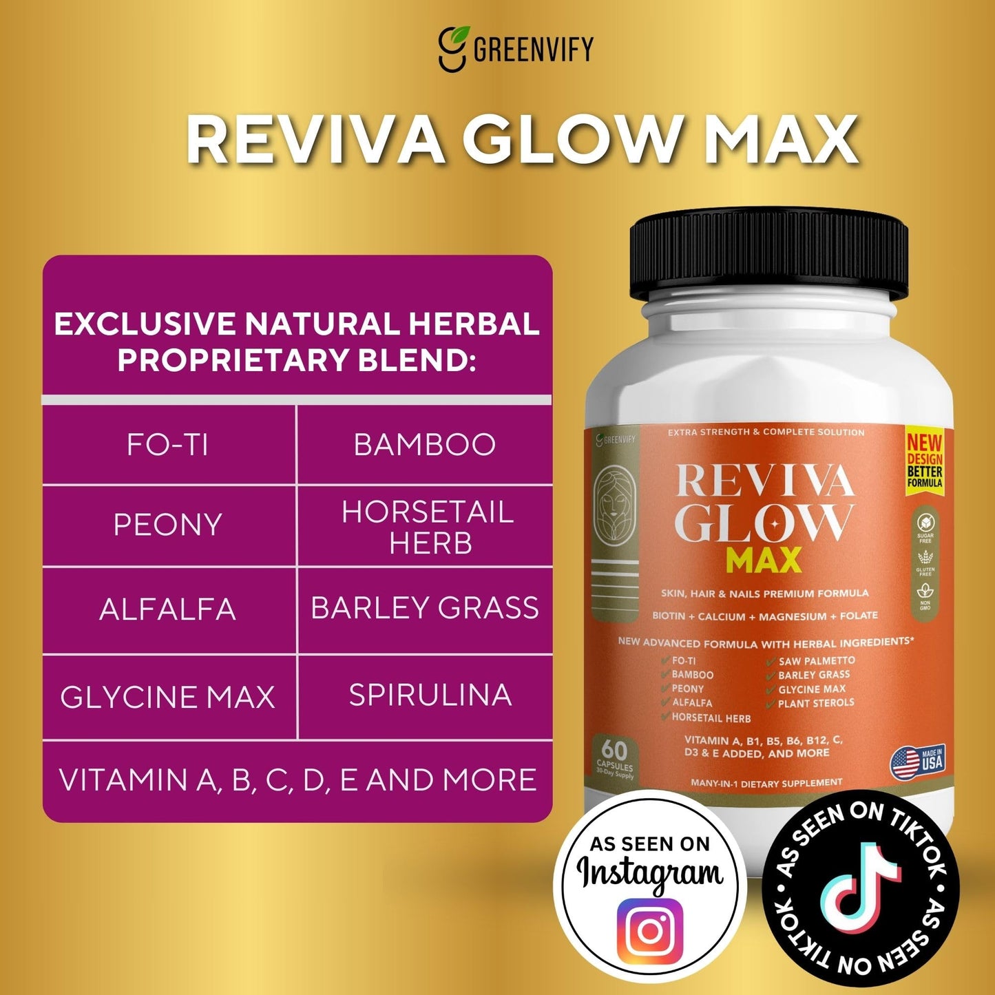 GREENVIFY Reviva Glow Max Hair, Skin & Nails Support Supplement Capsule 180 Capsules
