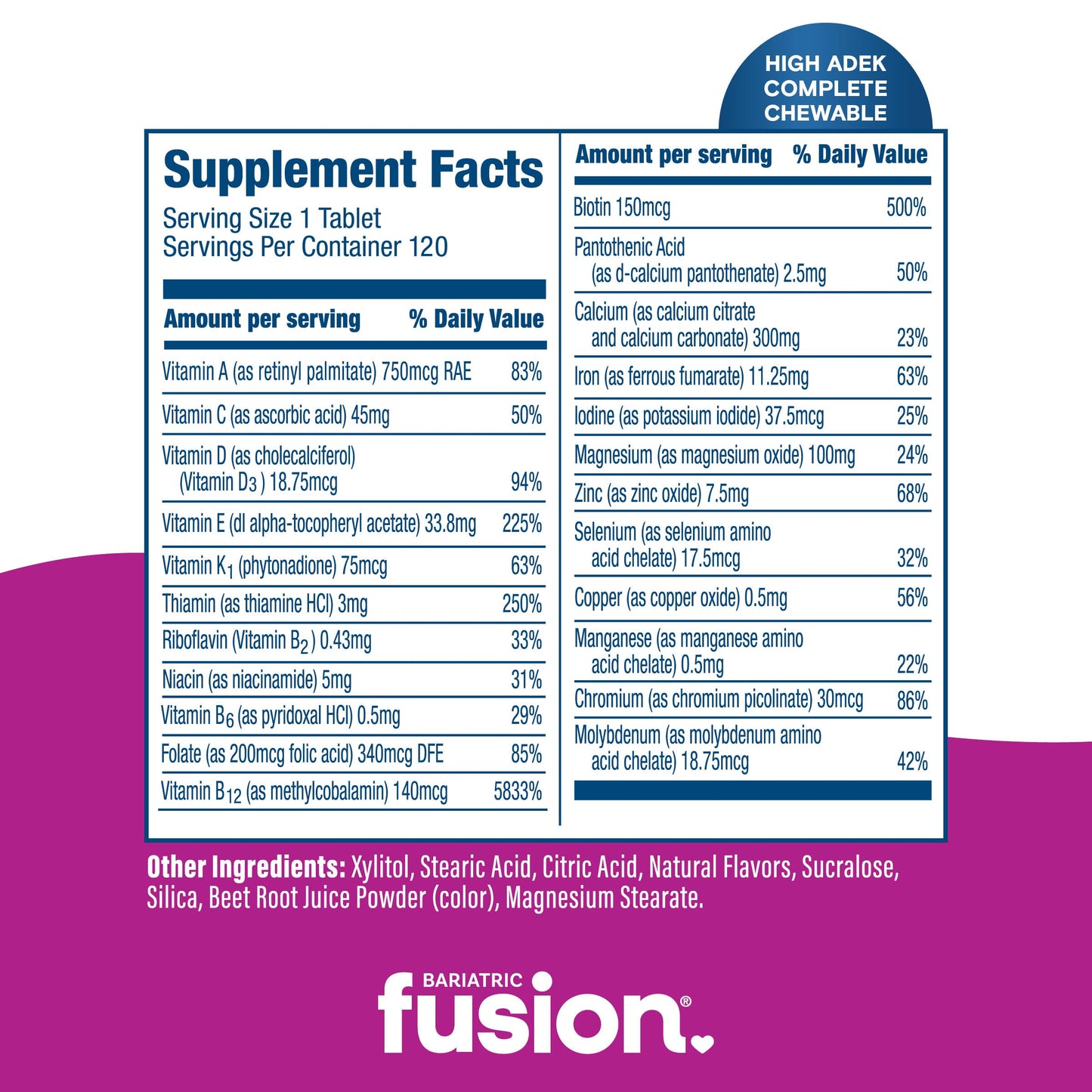 Bariatric Fusion Chewable Multivitamin for Duodenal Switch Patients with ADEK Vitamins, 120 Count