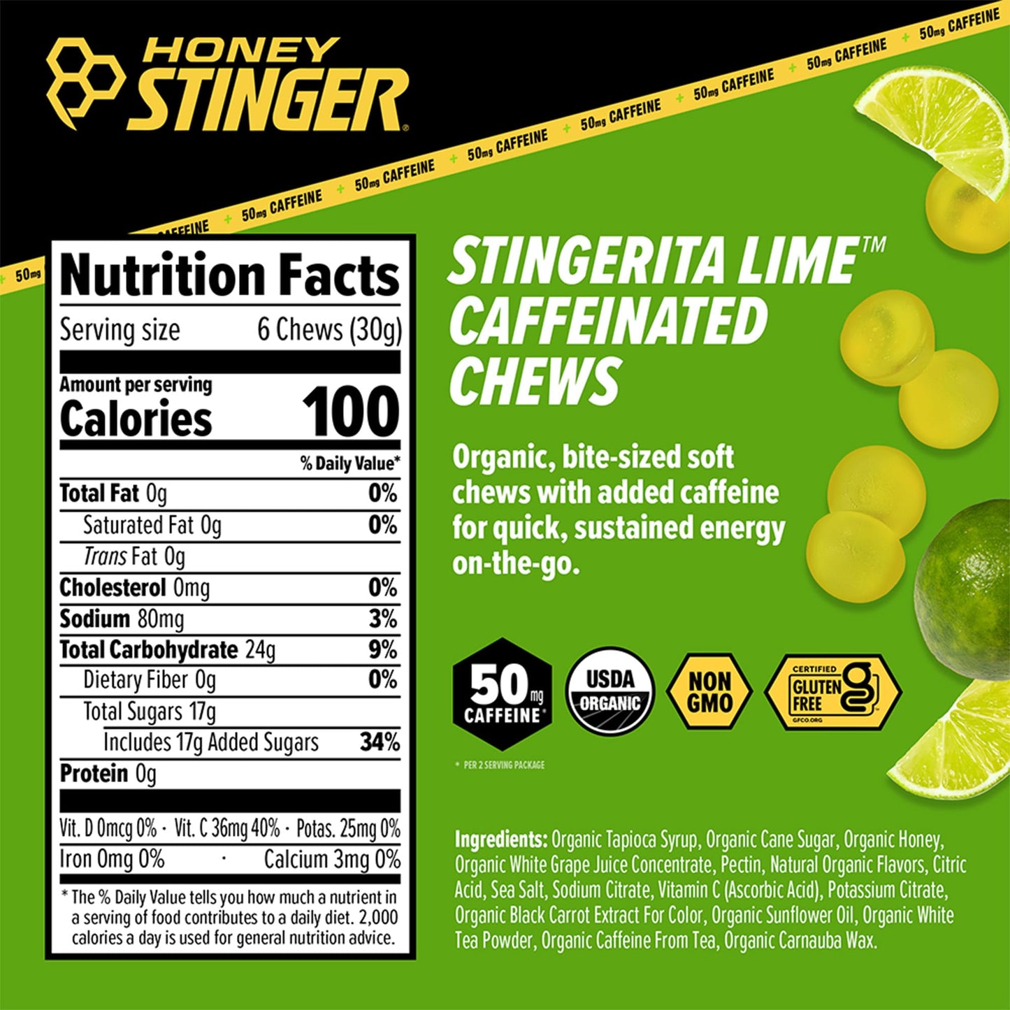 Honey Stinger Stingerita Lime Caffeinated Energy Chew, Chewable, 12 Pack