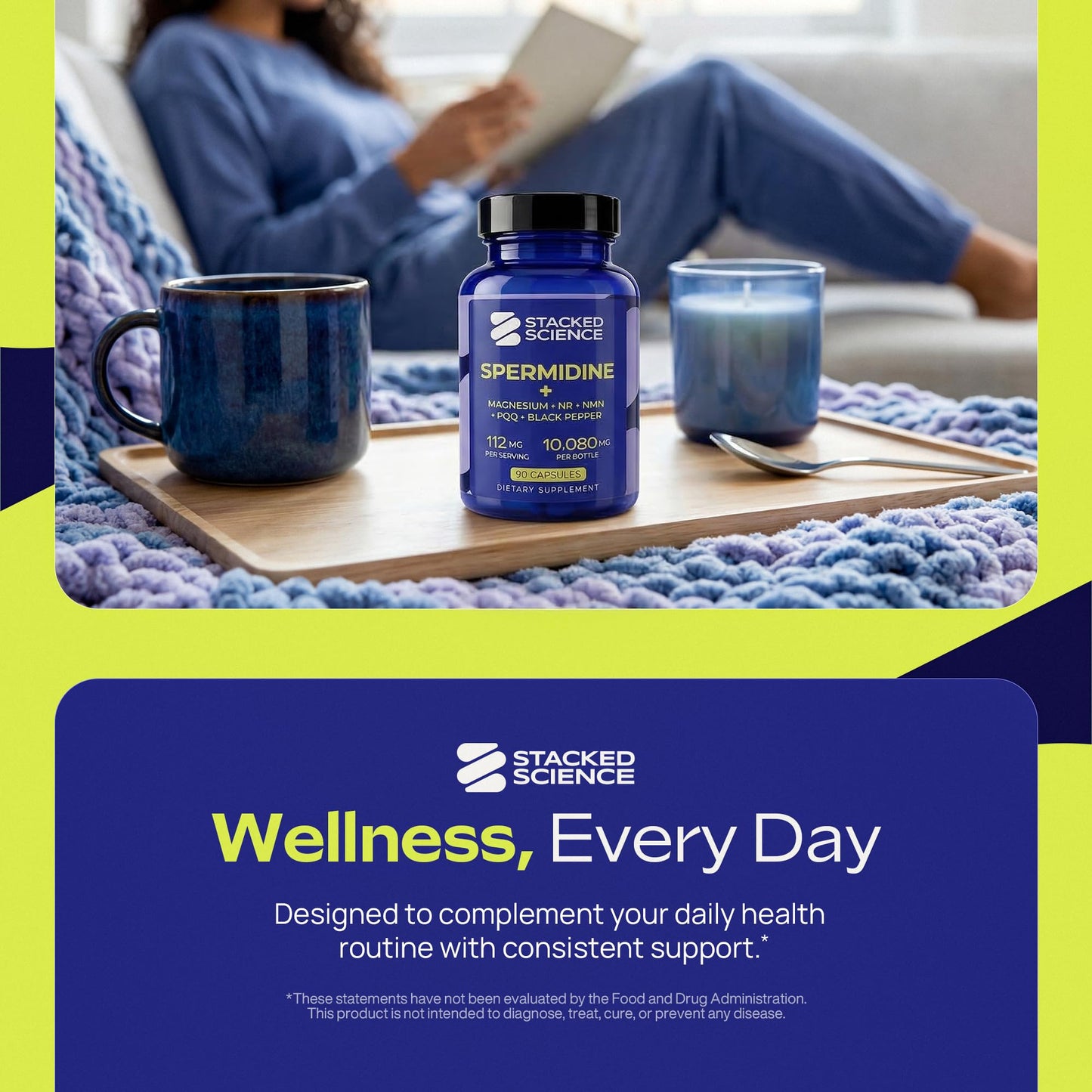 Stacked Science Spermidine 12 mg with Proprietary Blend, NR, NMN, PQQ, Magnesium Bisglycinate, Black Pepper Capsules 90 Count