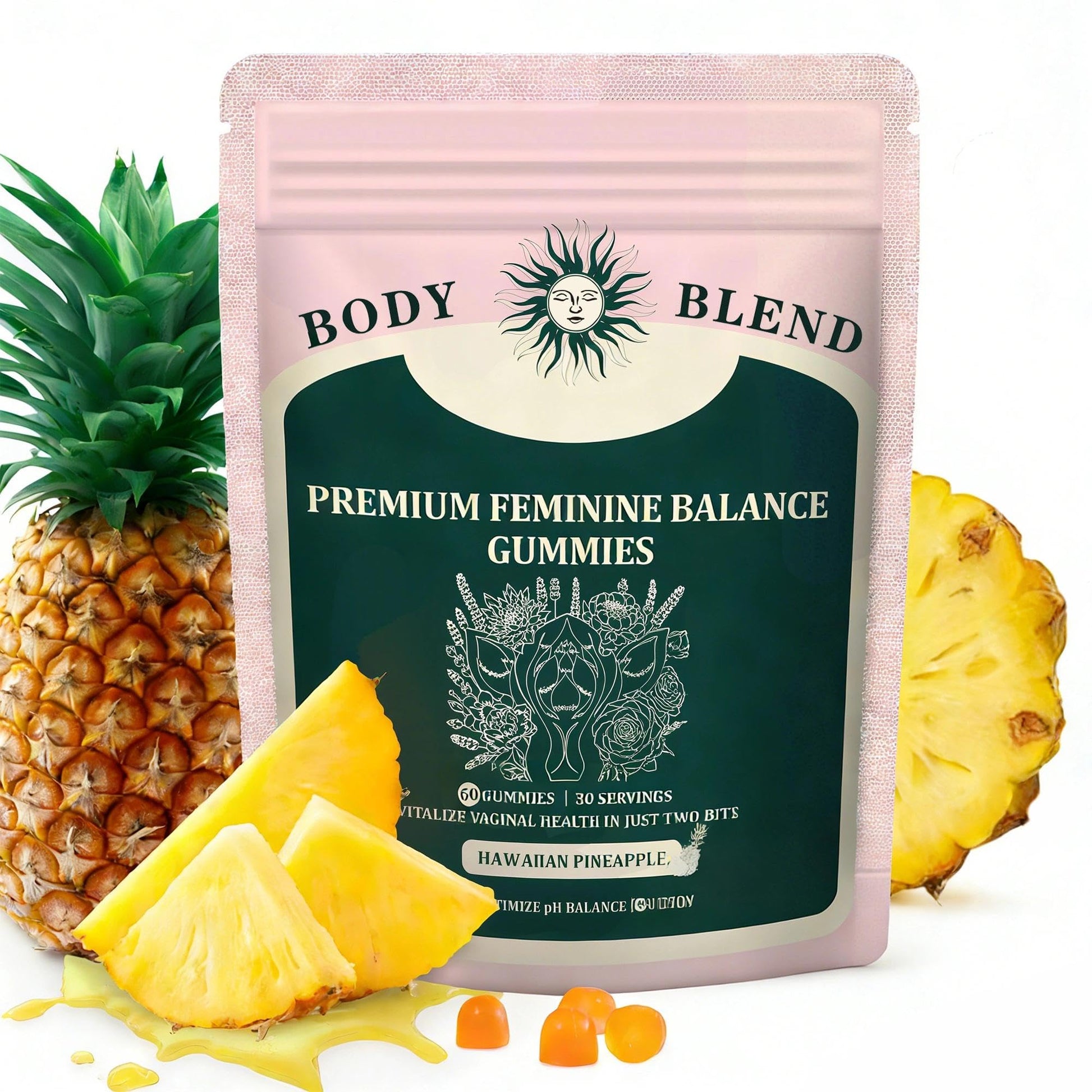 BodyBlend Feminine Balance Gummies Probiotic for Vaginal Health & Immune Support, Vegan, Gluten-Free, Low Calorie, Hawaiian Pineapple, 60 Gummies