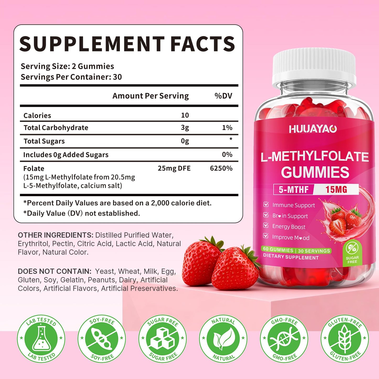 HUUAYAO L-Methylfolate 15 mg Gummies, 60 Count