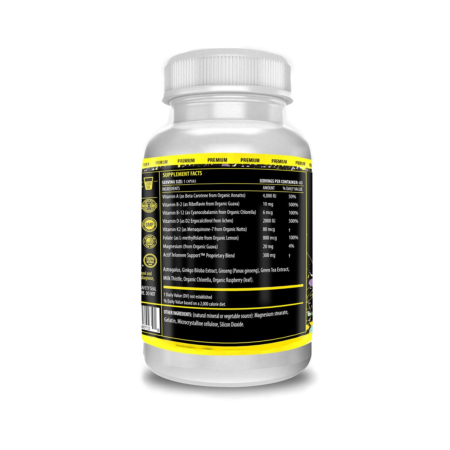 ACTIF Telomere Mega Support with 10+ Factors, Telomerase and DNA Supplement for Energy, Memory and Anti-Aging, Non-GMO, Capsules, 60 Count