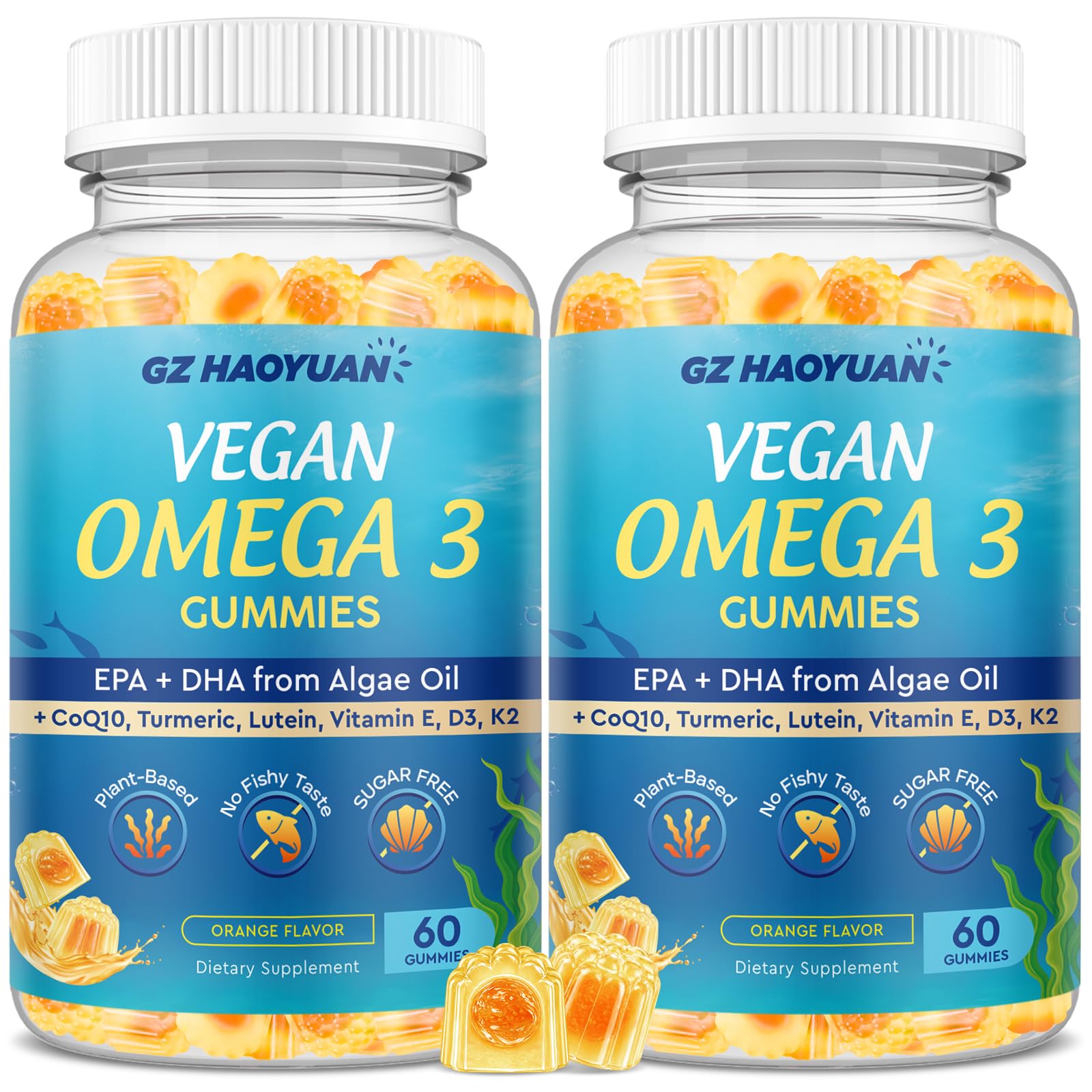 GZ HAOYUAN Vegan Omega-3 Gummies 1200mg Marine Algae Omega-3 EPA 600mg DHA 400mg Vitamin D3 K2 Sugar Free, 120 Gummies