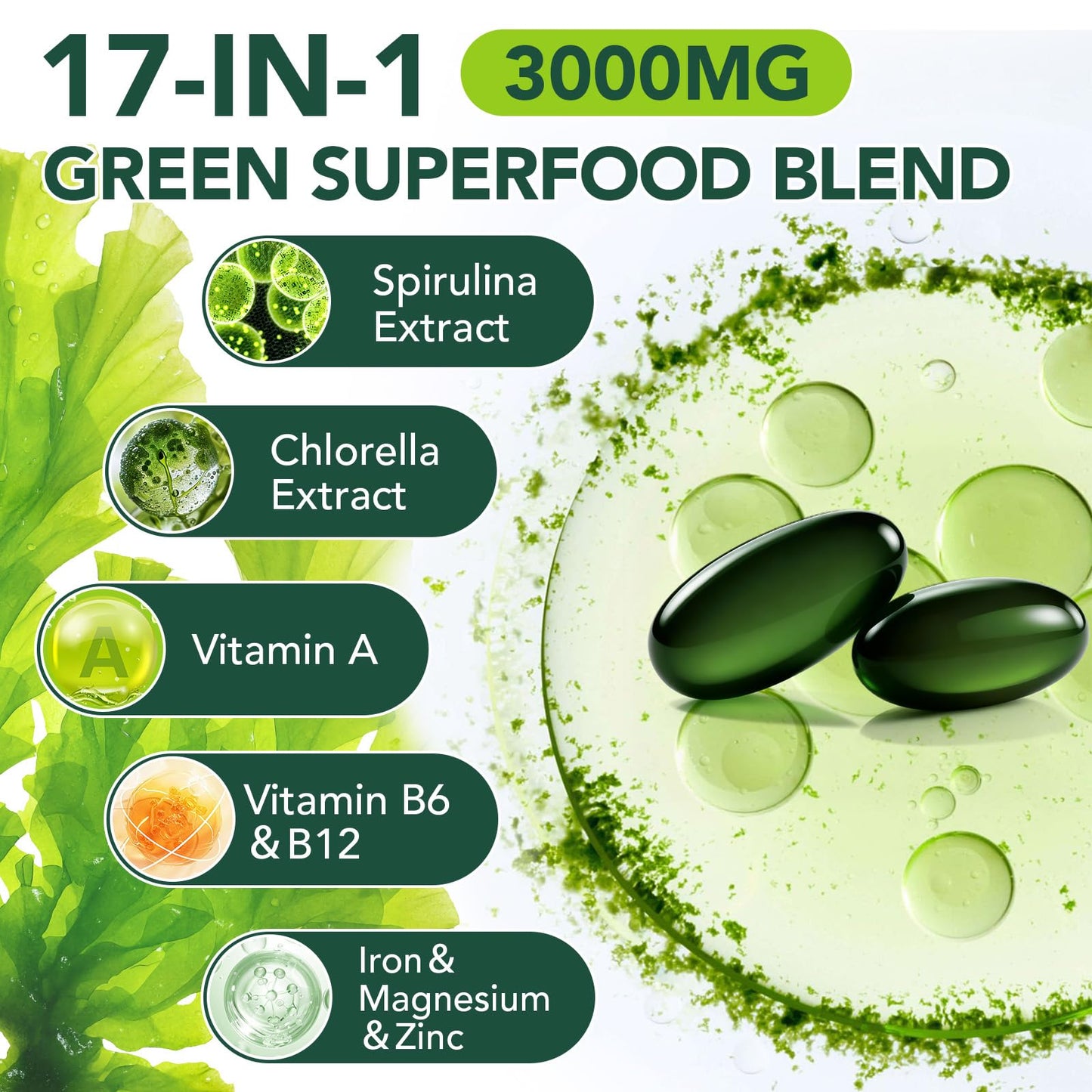 bnHUlMXw Organic Spirulina Chlorella Softgels, 300 Count