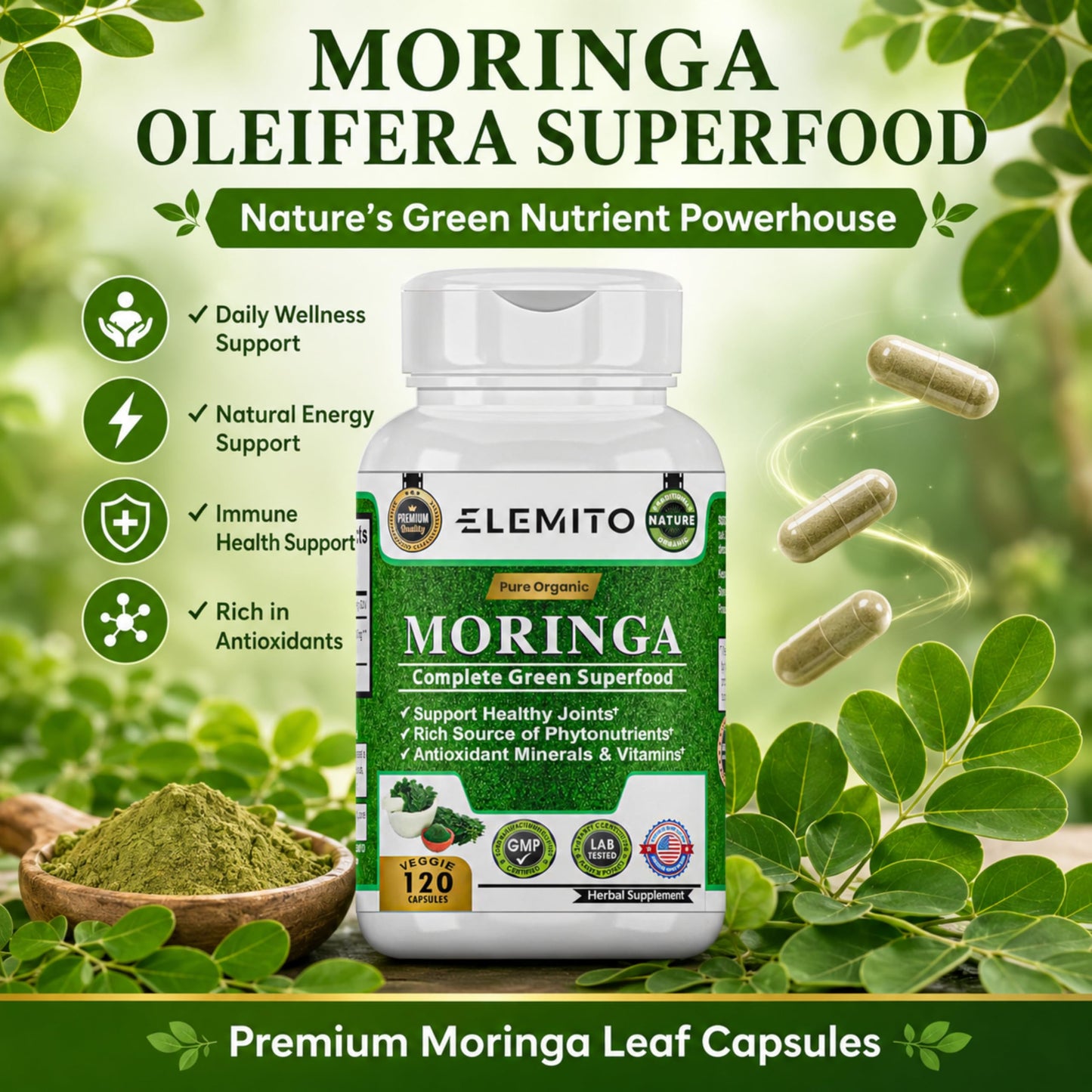 ELEMITO Moringa Oleifera 1000mg Capsule 120 Veggie Capsules