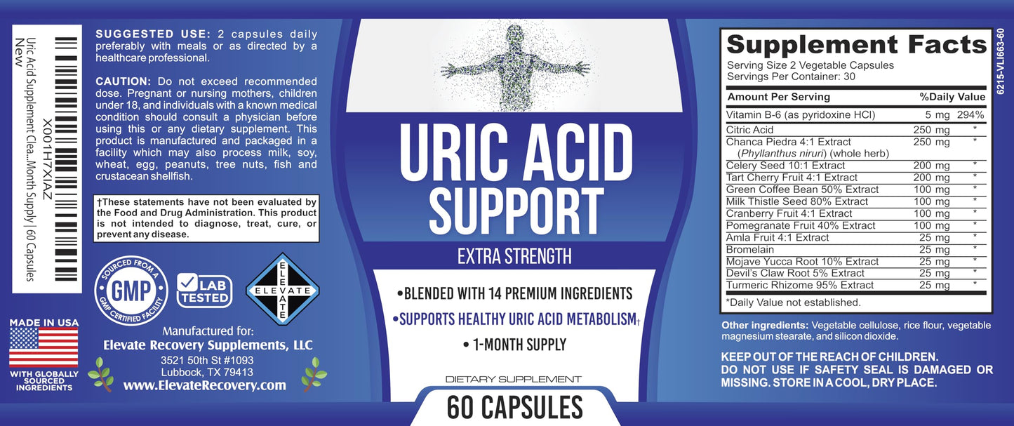 Elevate Recovery Supplements Uric Acid 14-in-1 Support Supplement, 60 Capsules