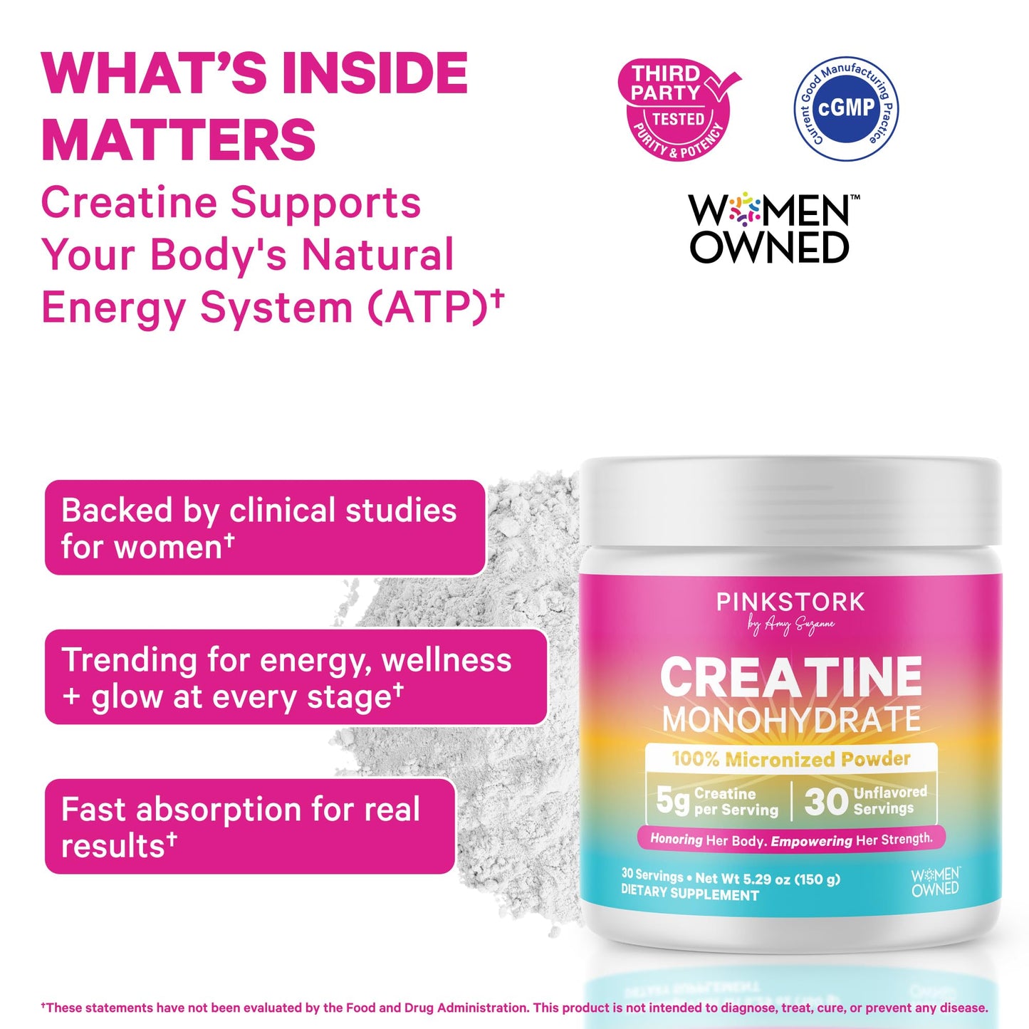 Pink Stork Creatine Monohydrate for Women Micronized Creatine Powder, 5.29 oz