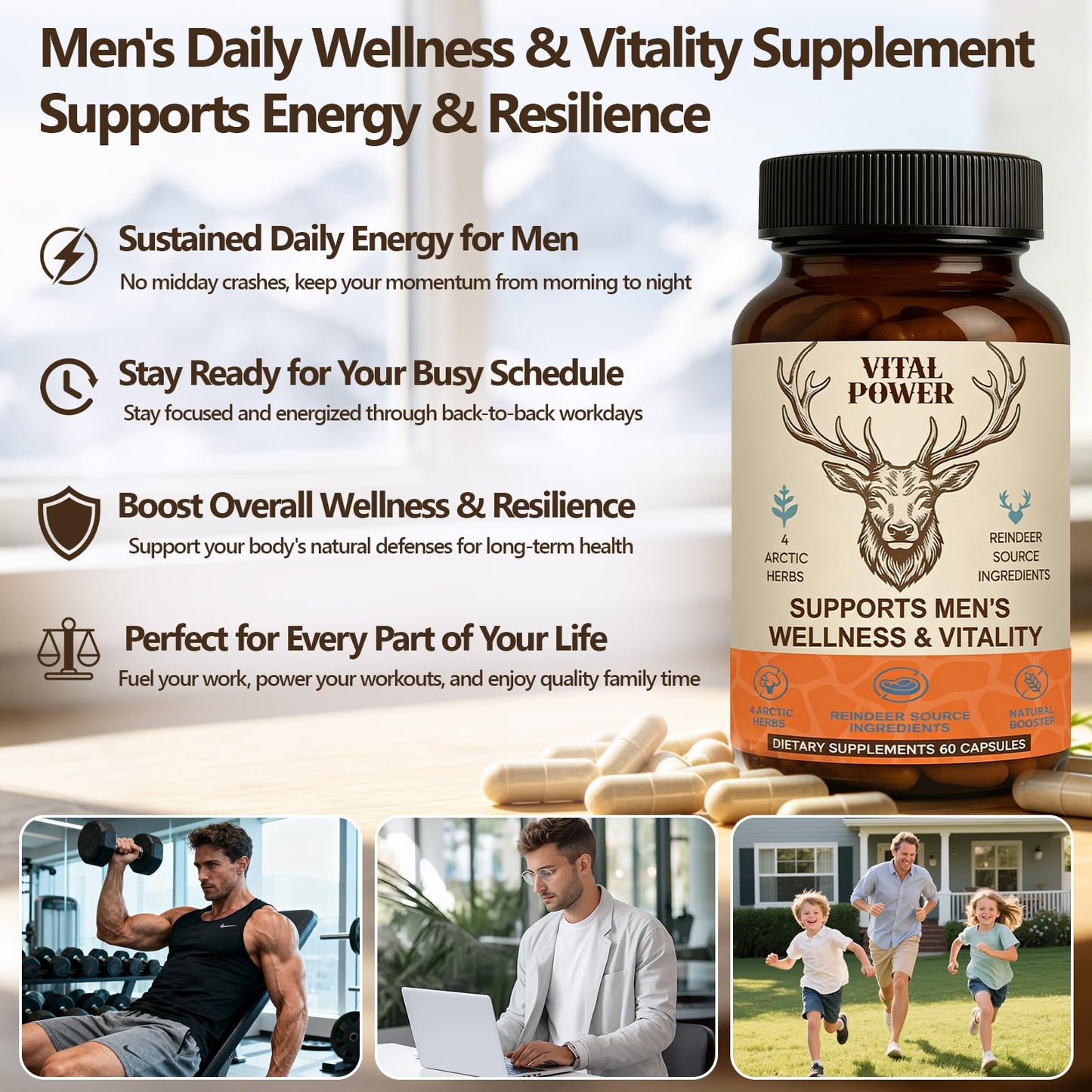Bnaddain Men’s Vitality Supplement Arctic Herbal & Reindeer Nutrient Blend Energy Support Capsules, 60 Capsules