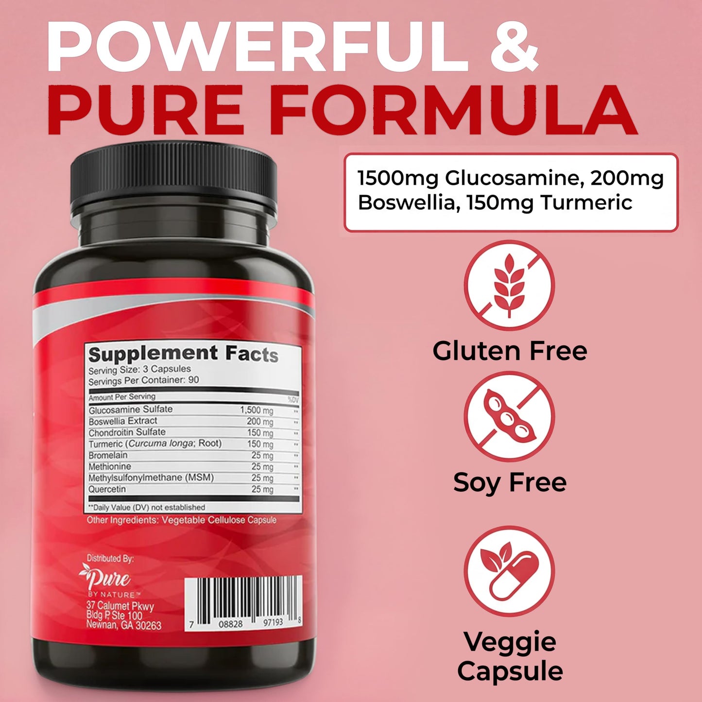 Pure By Nature Joint Support Glucosamine with Chondroitin Turmeric MSM Boswellia, 270 Capsules
