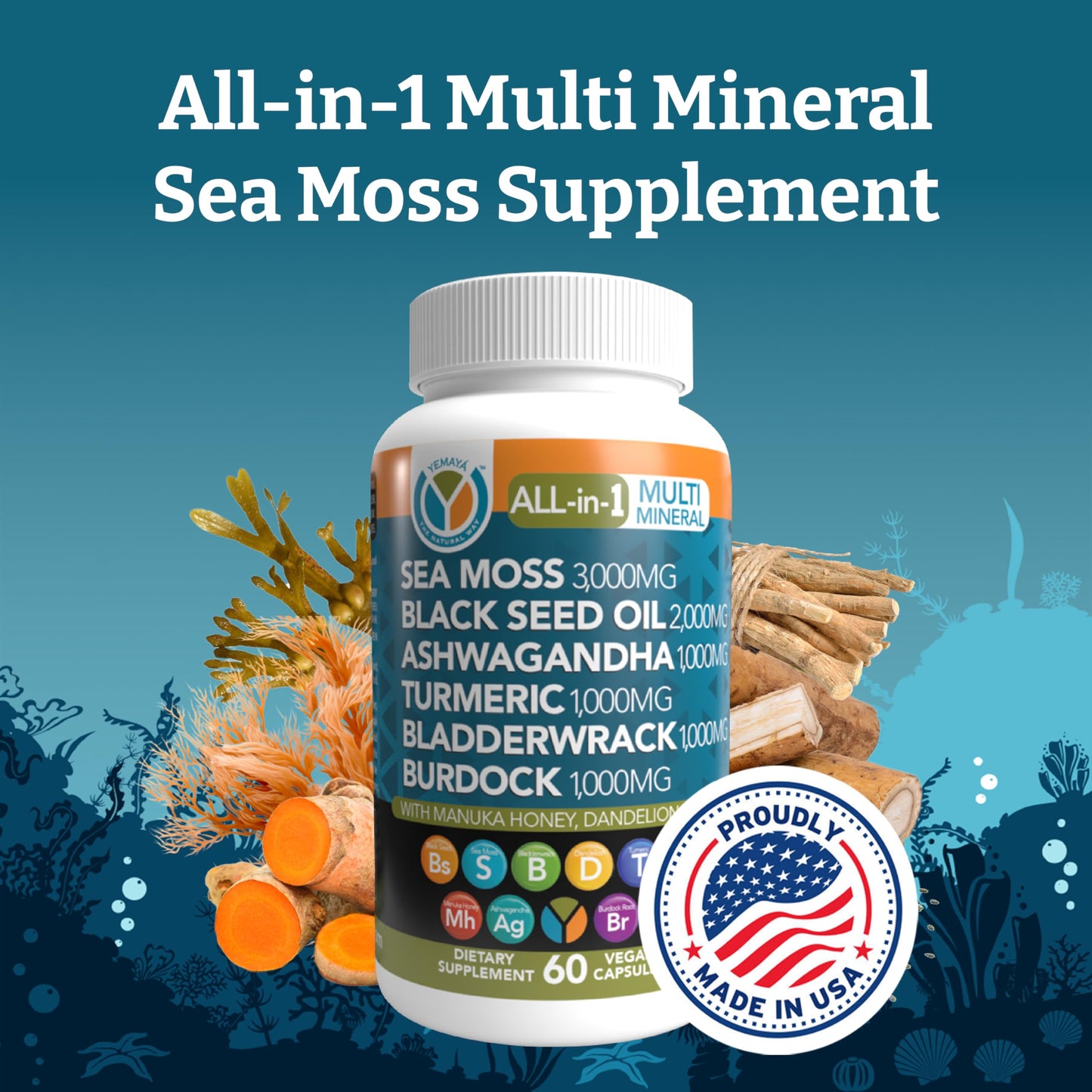 Yemaya The Natural Way All-in-1 Multi Mineral Sea Moss Raw Organic Supplement, 60 Capsules