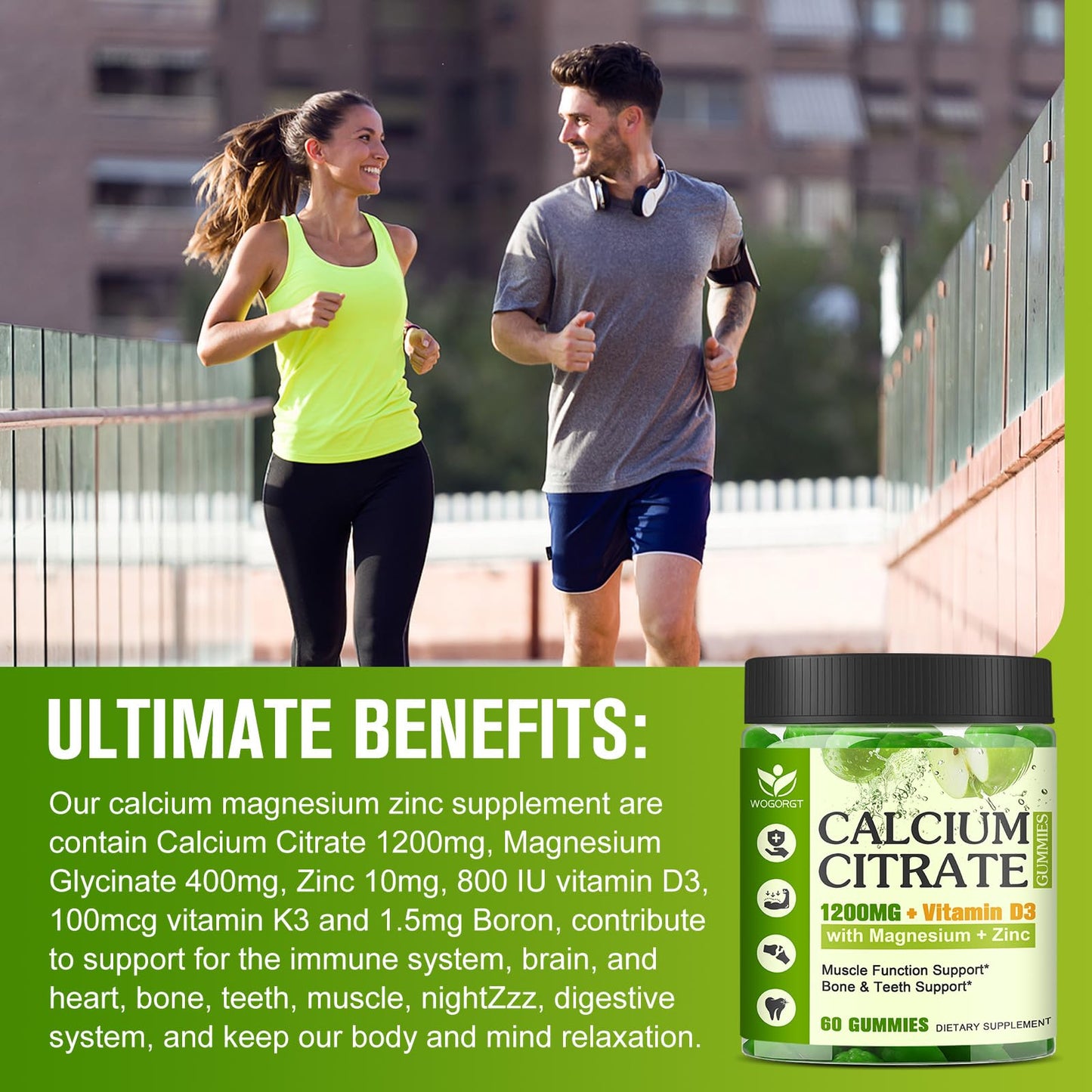 WOGORGT Calcium Citrate 1200mg with Vitamin D3 for Women, Bone, Teeth Support Gummy, 60 Count