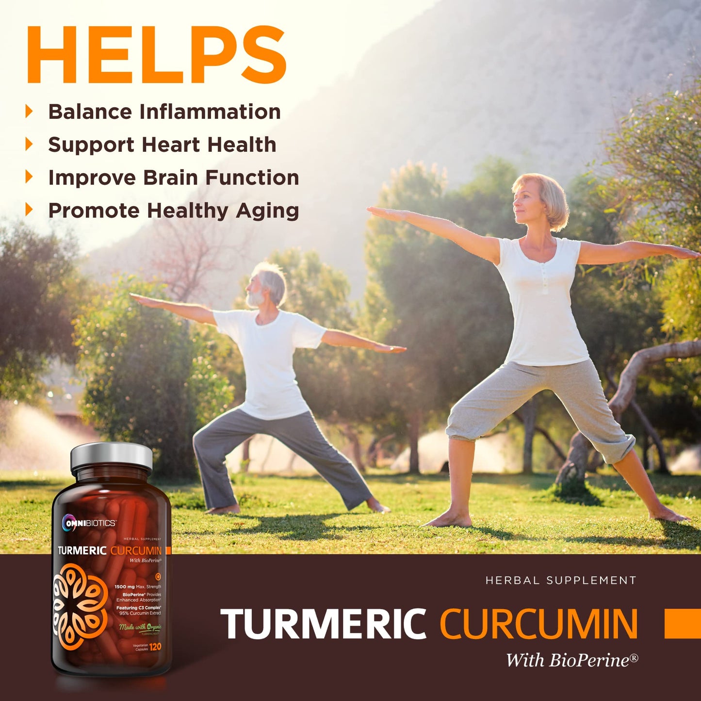 OmniBiotics Organic Turmeric Curcumin Supplement with Black Pepper Extract, 1500mg Turmeric with 95% Curcuminoids & BioPerine, High Absorption for Joint Support, 120 Vegan Capsules