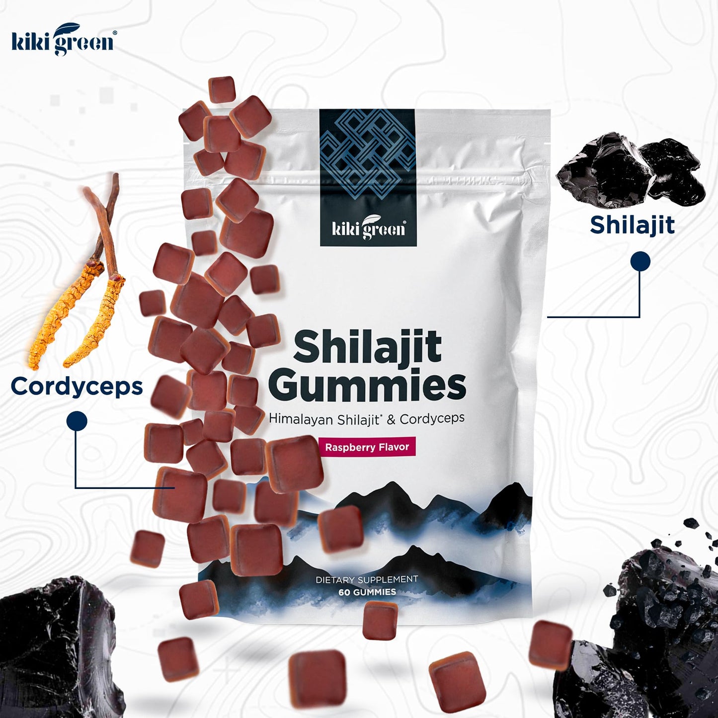 KIKI Green Shilajit Gummies 1000 mg Pure Himalayan Shilajit with Cordyceps Extract, 60 Gummies