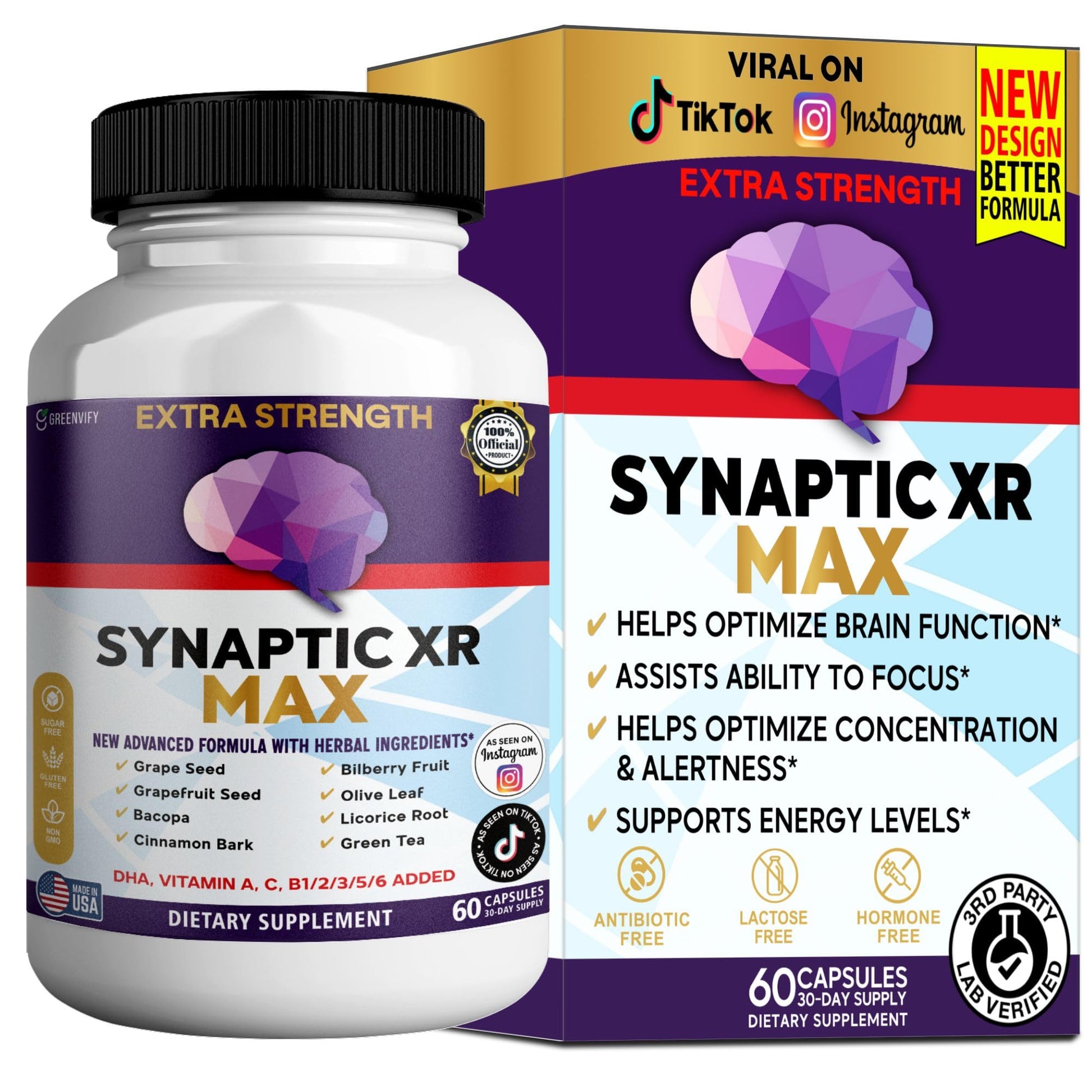 GREENVIFY Synaptic XR Max Extra Strength Brain Support Supplement with Herbal Ingredients, DHA Vitamins, Nootropic Formula Capsules 60