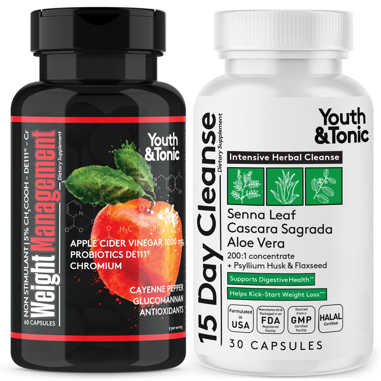 Youth & Tonic 15 Day Colon Cleanse and Probiotic Enhanced Apple Cider Vinegar Detox Capsules, 180 Count