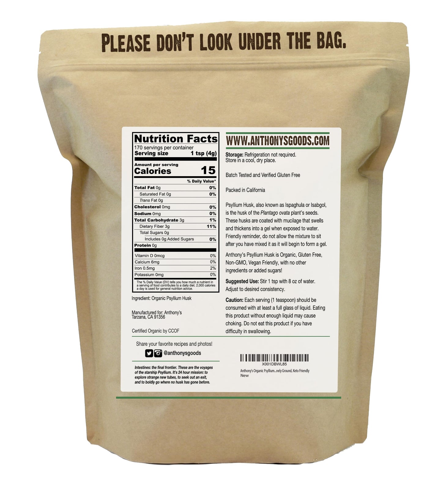 Anthony's Organic Psyllium Husk Powder 24 oz