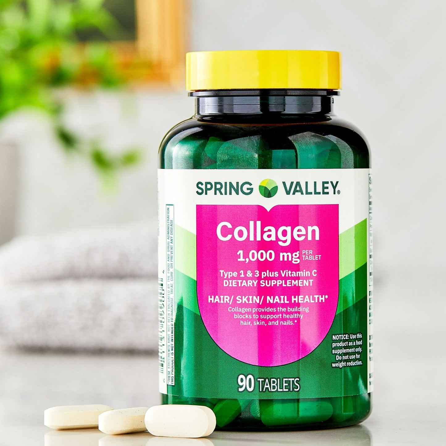 BasketGoods Collagen Type 1 & 3 Plus Vitamin C Hair Skin Nails Health Dietary Supplement Tablets, 1,000 mg, 90 Tablets
