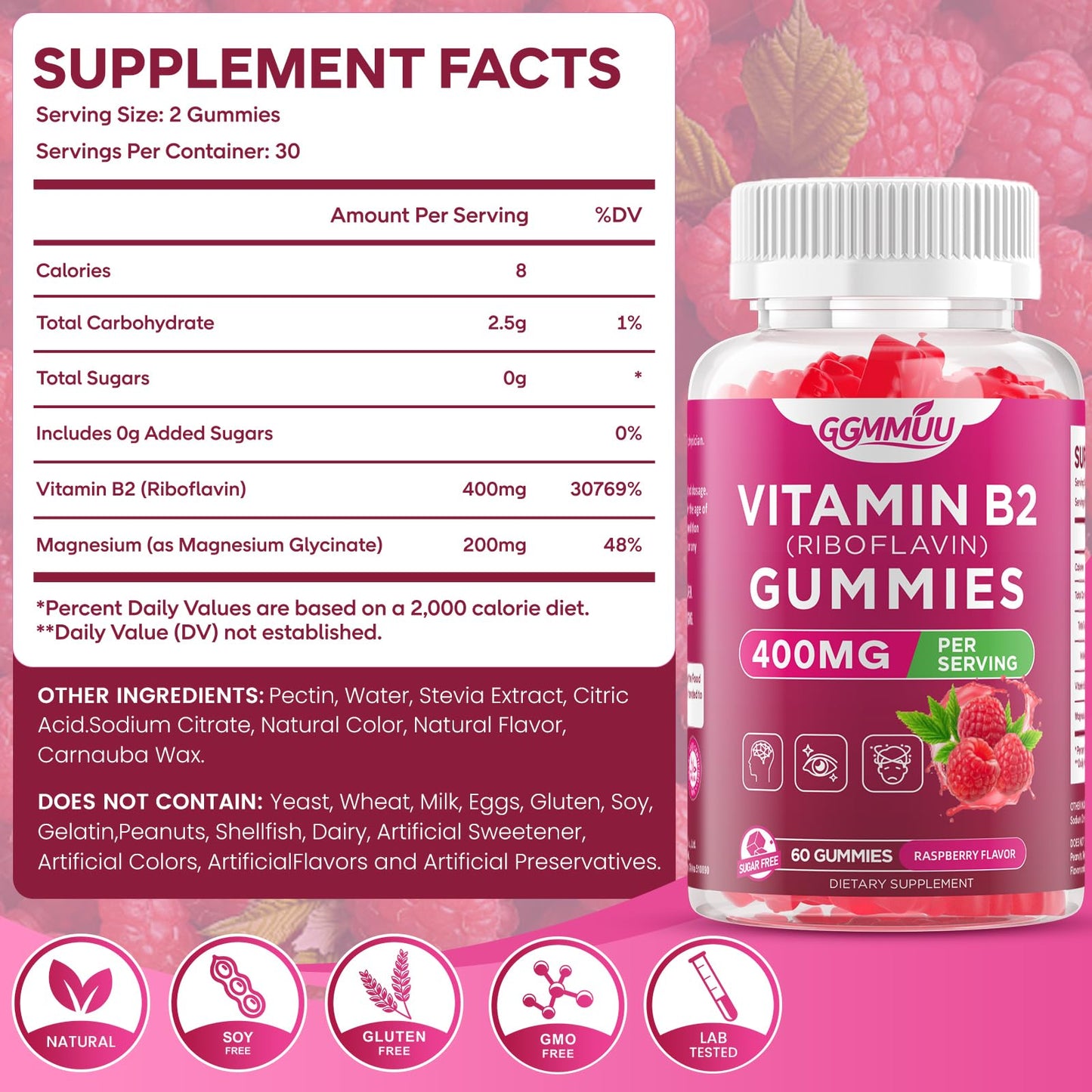 GGMMUU Vitamin B2 Gummies Riboflavin 400mg Supplement with Magnesium for Kids & Adults B2 Gummies for Nervous System Support & Skin Health, Sugar-Free Raspberry Flavor, 60 Count
