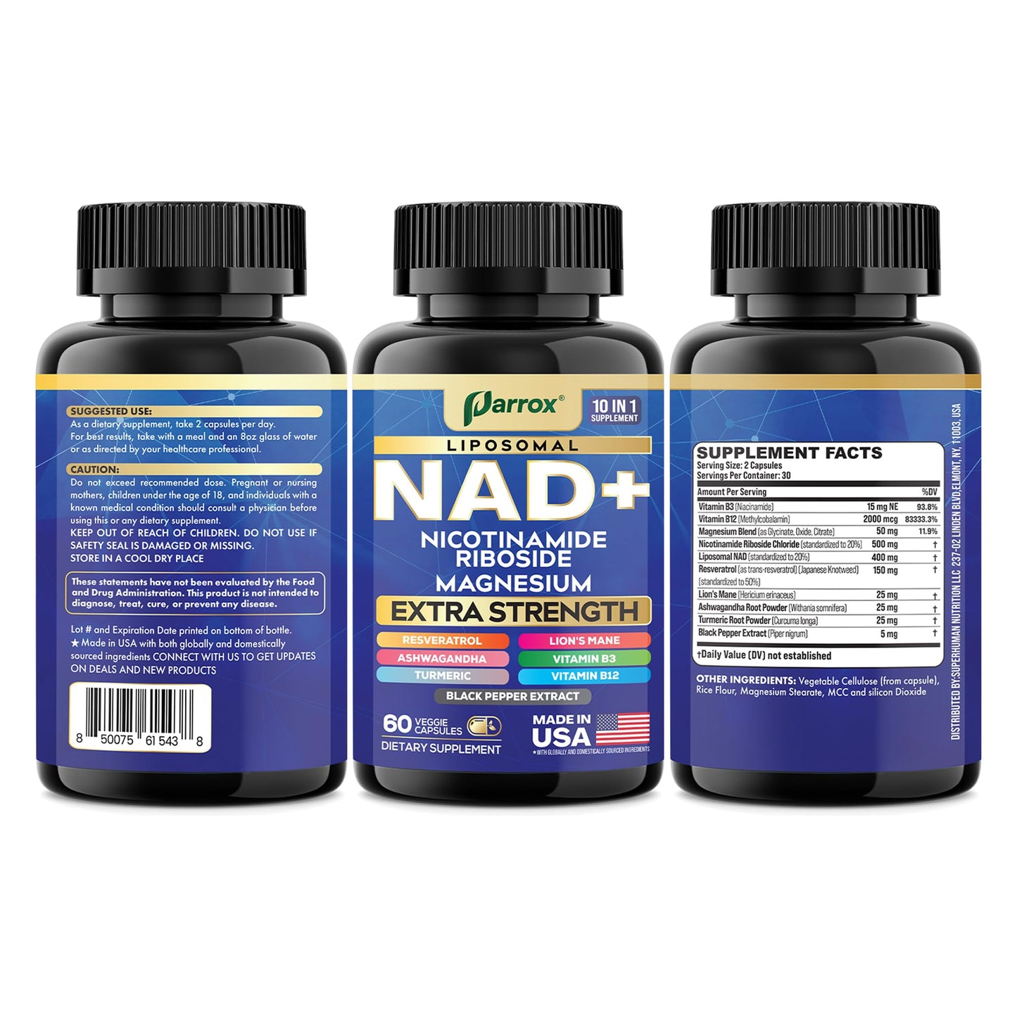 Parrox NAD+ Liposomal Nicotinamide Riboside 10-in-1 Strength Capsules, 120 Count