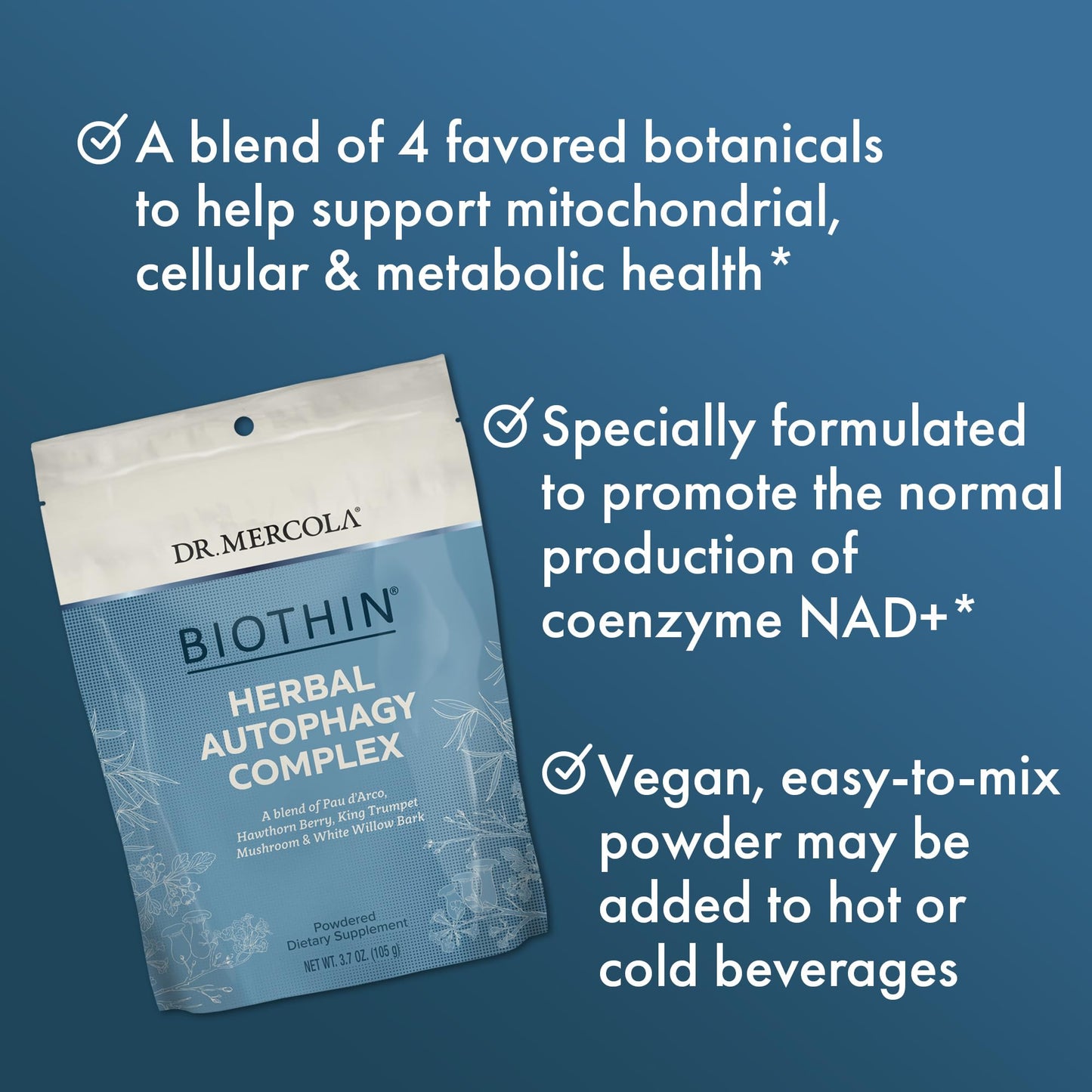 Dr. Mercola Biothin Herbal Autophagy Complex Powder with PAU d'Arco, Hawthorn Berry, King Trumpet Mushroom, and White Willow Bark, 30 Servings