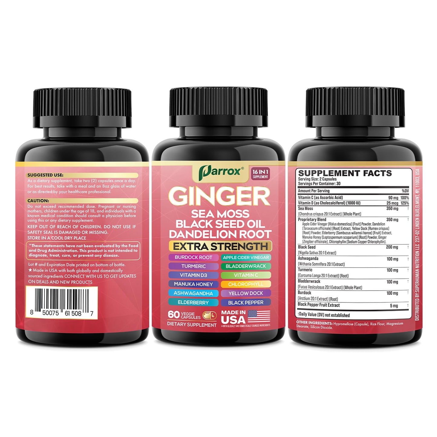 Parrox Ginger Sea Moss Herbal Supplement, 16-in-1 Black Seed Oil & ACV, 180 Capsules
